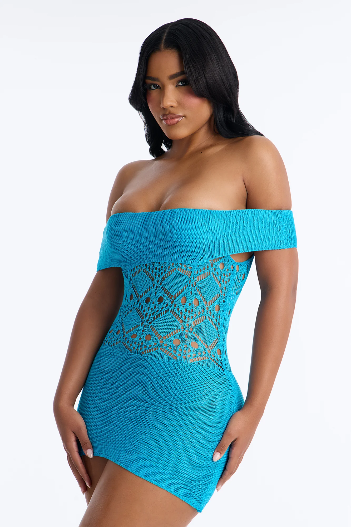 Kaitlin Off Shoulder Crochet Mini Dress - Turquoise - Image 2