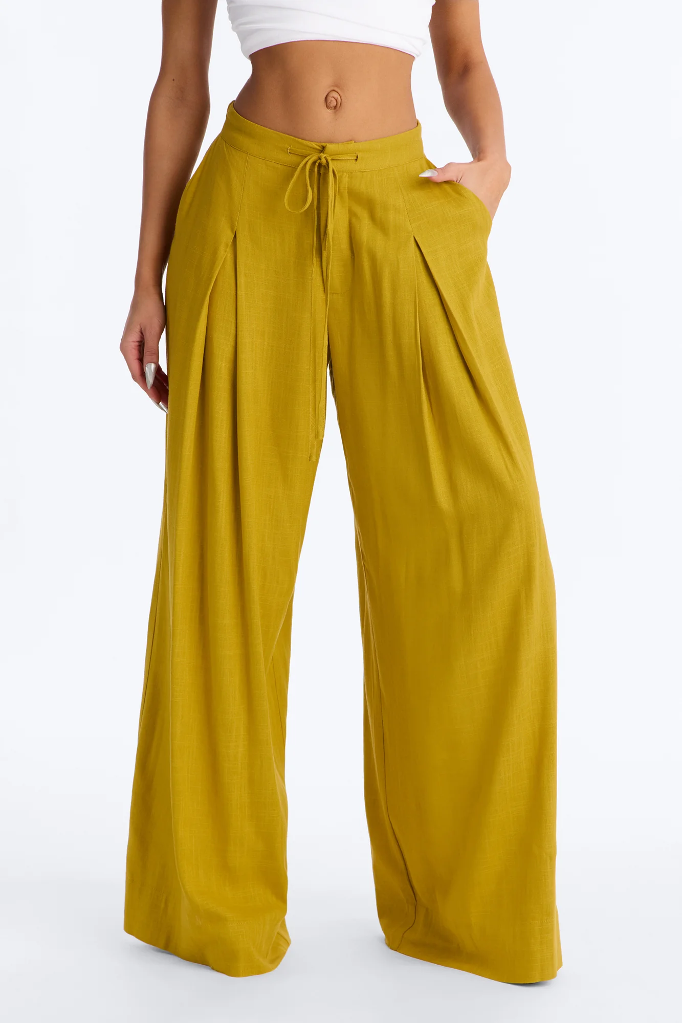 Karianna Linen Blend Wide Leg Pant - Chartreuse - Image 2