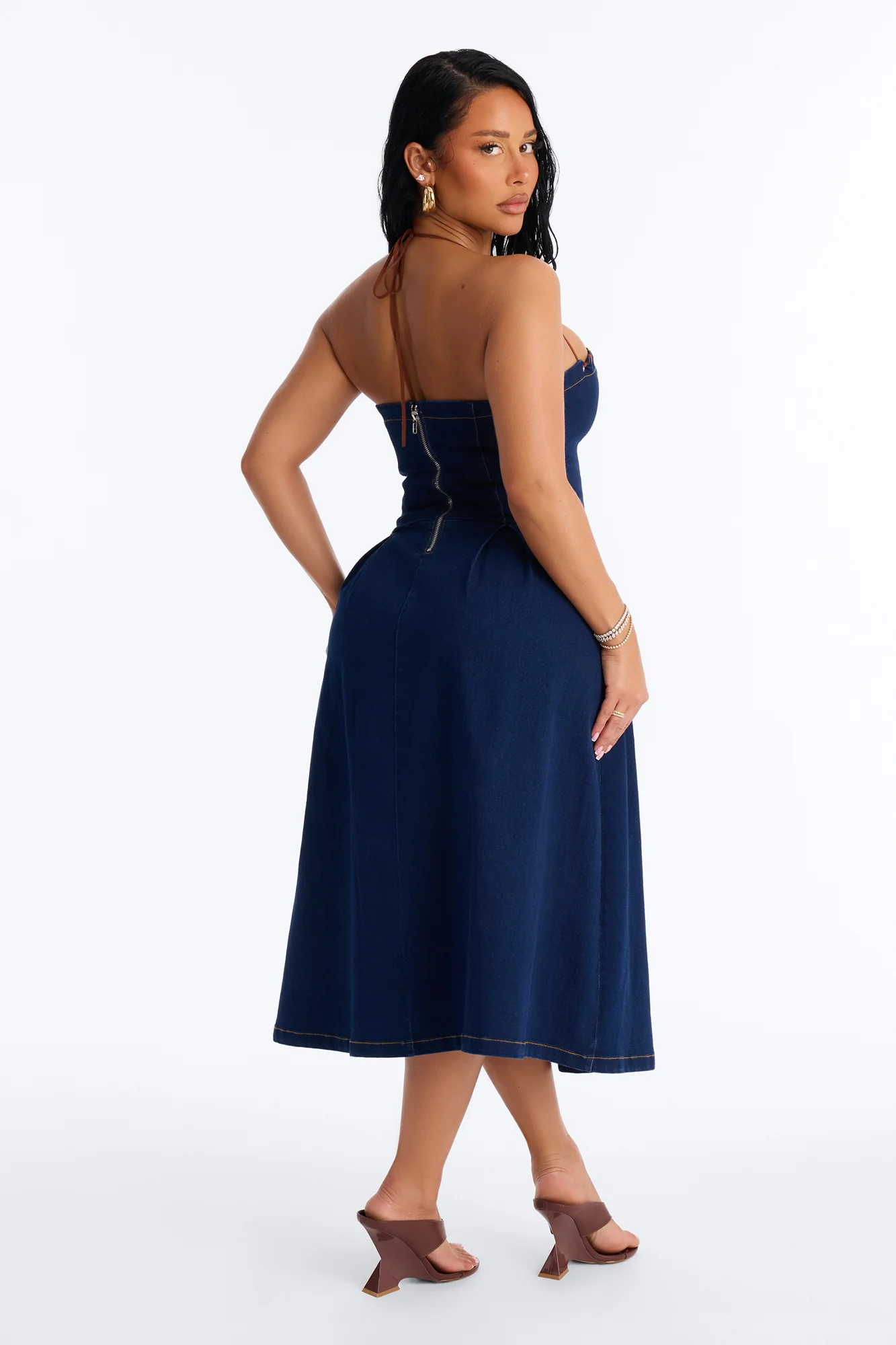 Karolina Lace Up Denim Midi Dress - Dark Wash - Image 3
