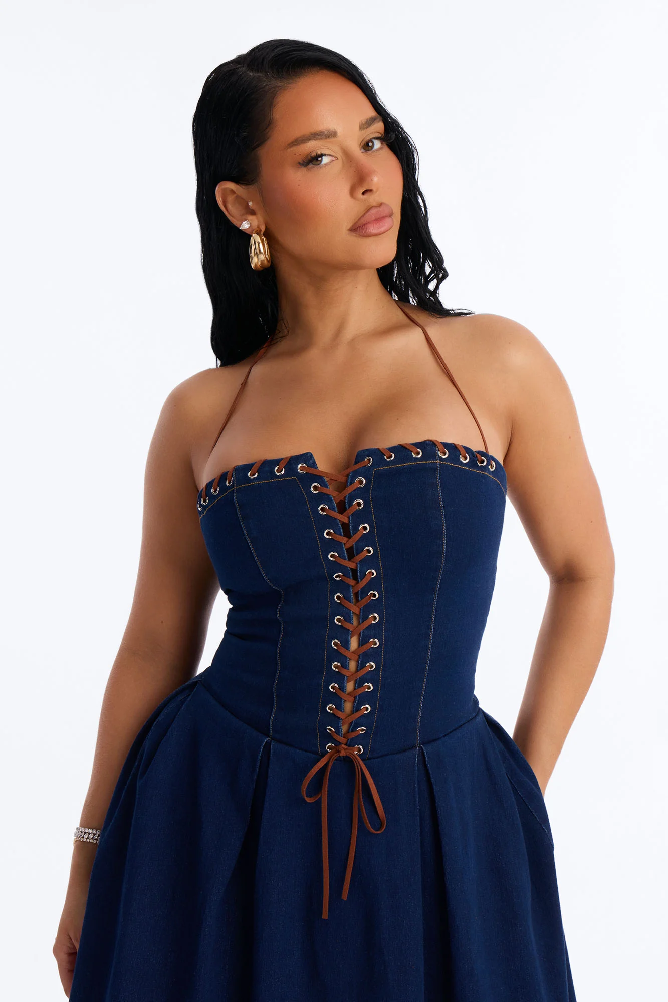 Karolina Lace Up Denim Midi Dress - Dark Wash - Image 4