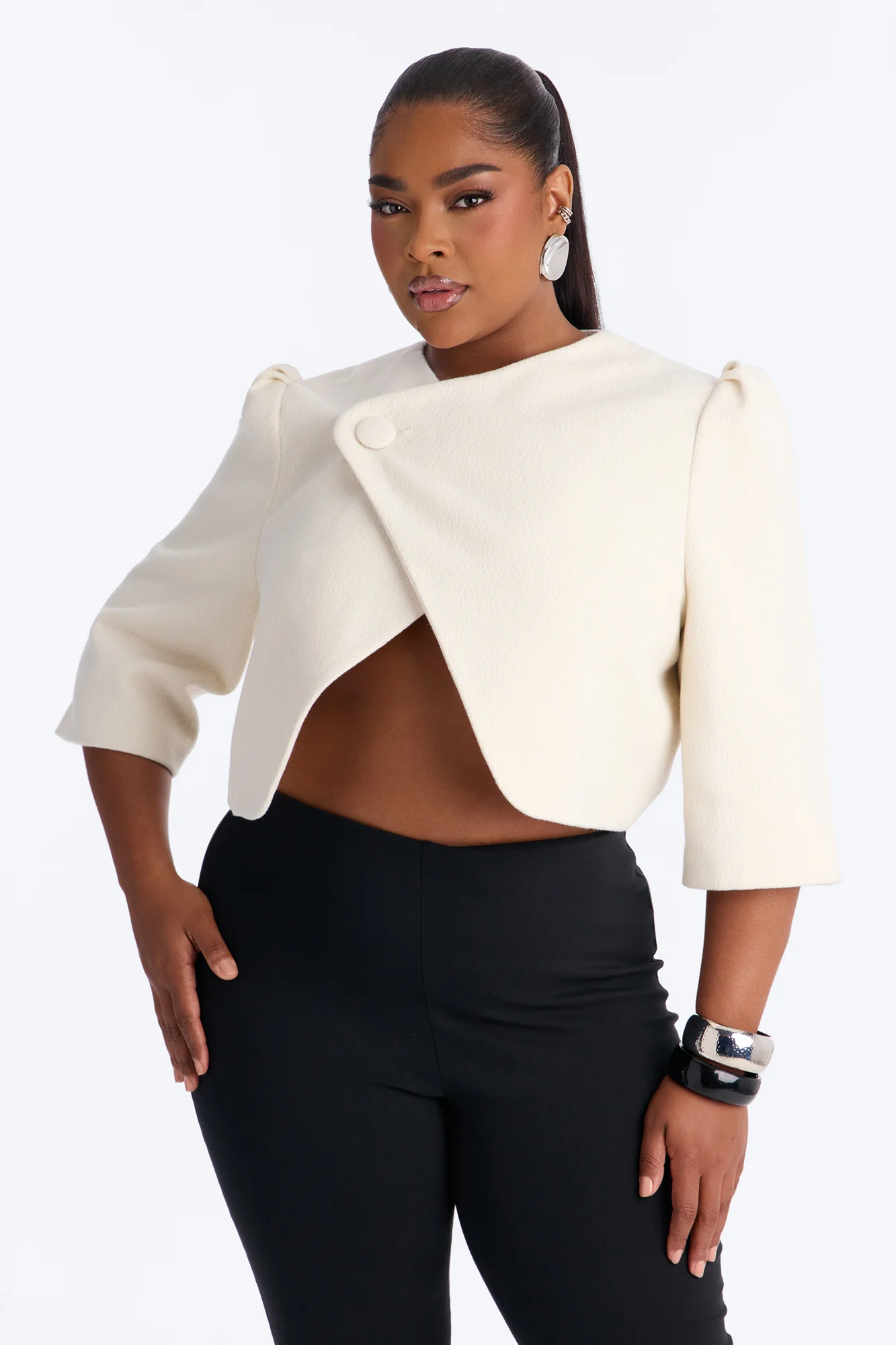 Kate Cropped Short Sleeve Crossover Blazer - White - Image 5