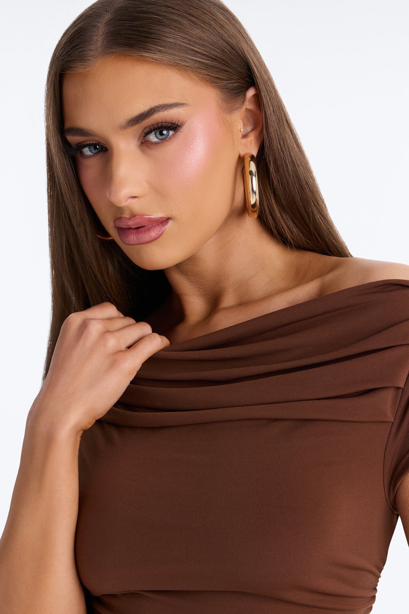 Kate Ruched Cowl Neck Top - Brown - Image 3