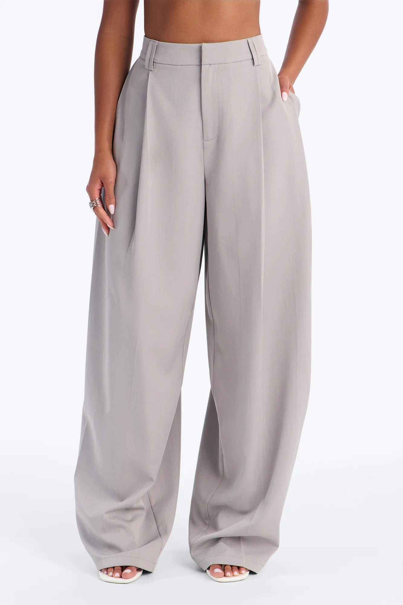 Kate Side Pleated Button Cuff Trouser - Light Grey - Image 2