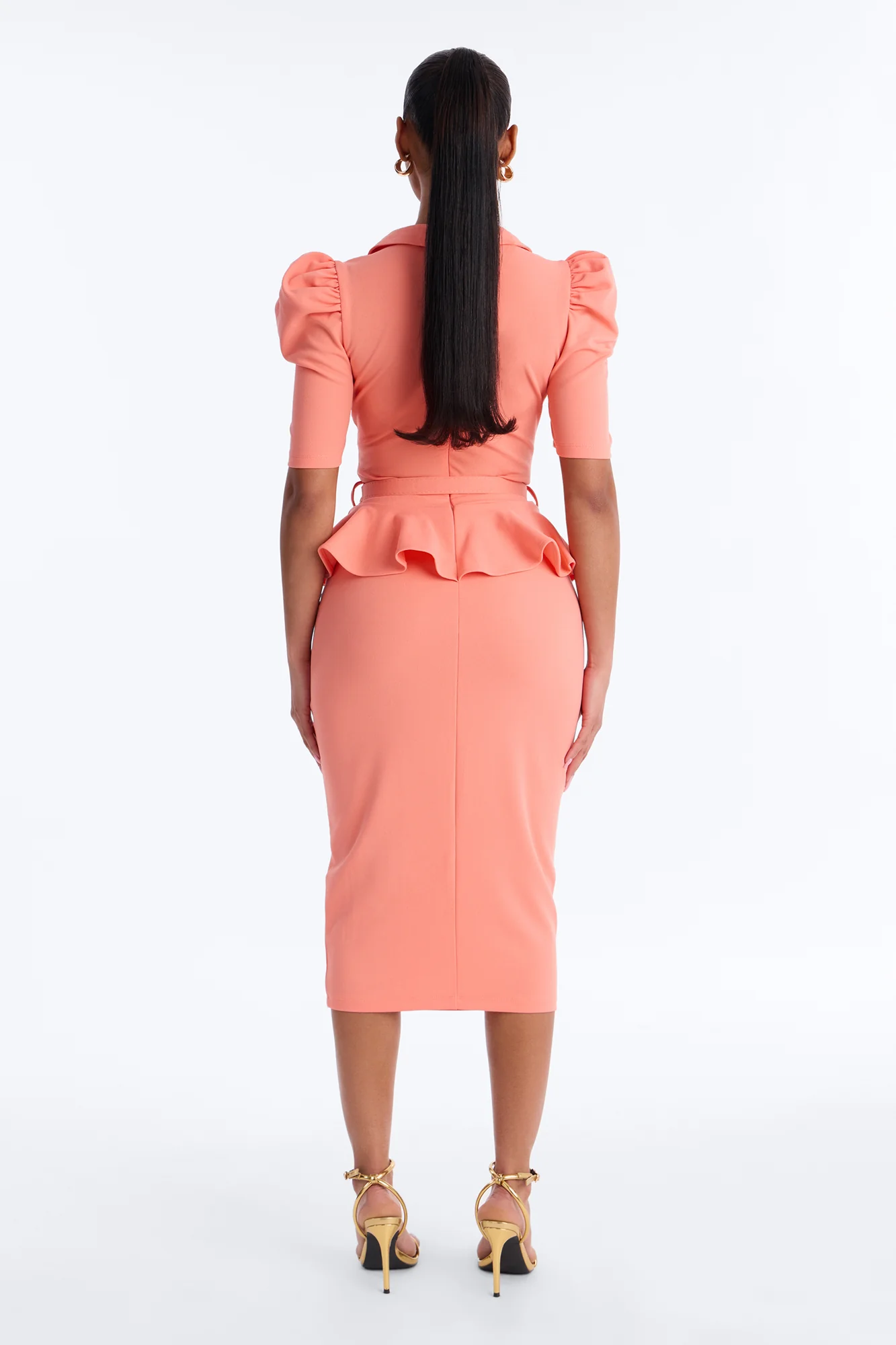 Kathryn Ruffle Sleeve Crepe Knit Midi Dress - Coral - Image 4