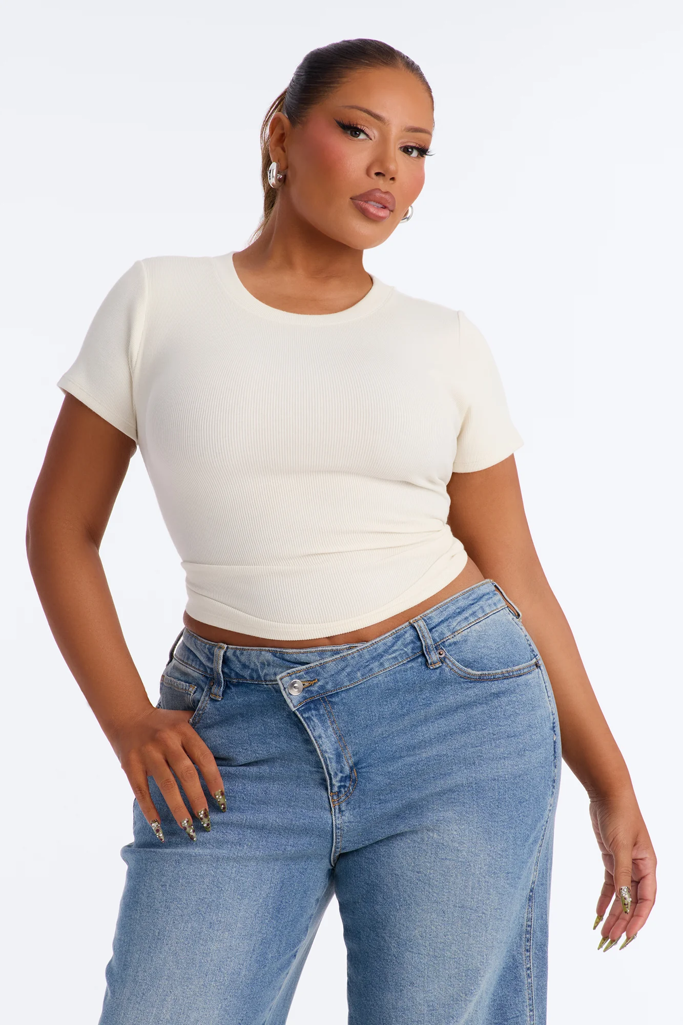 Kayla Rib Cap Sleeve Crew Neck Top - Cream - Image 4