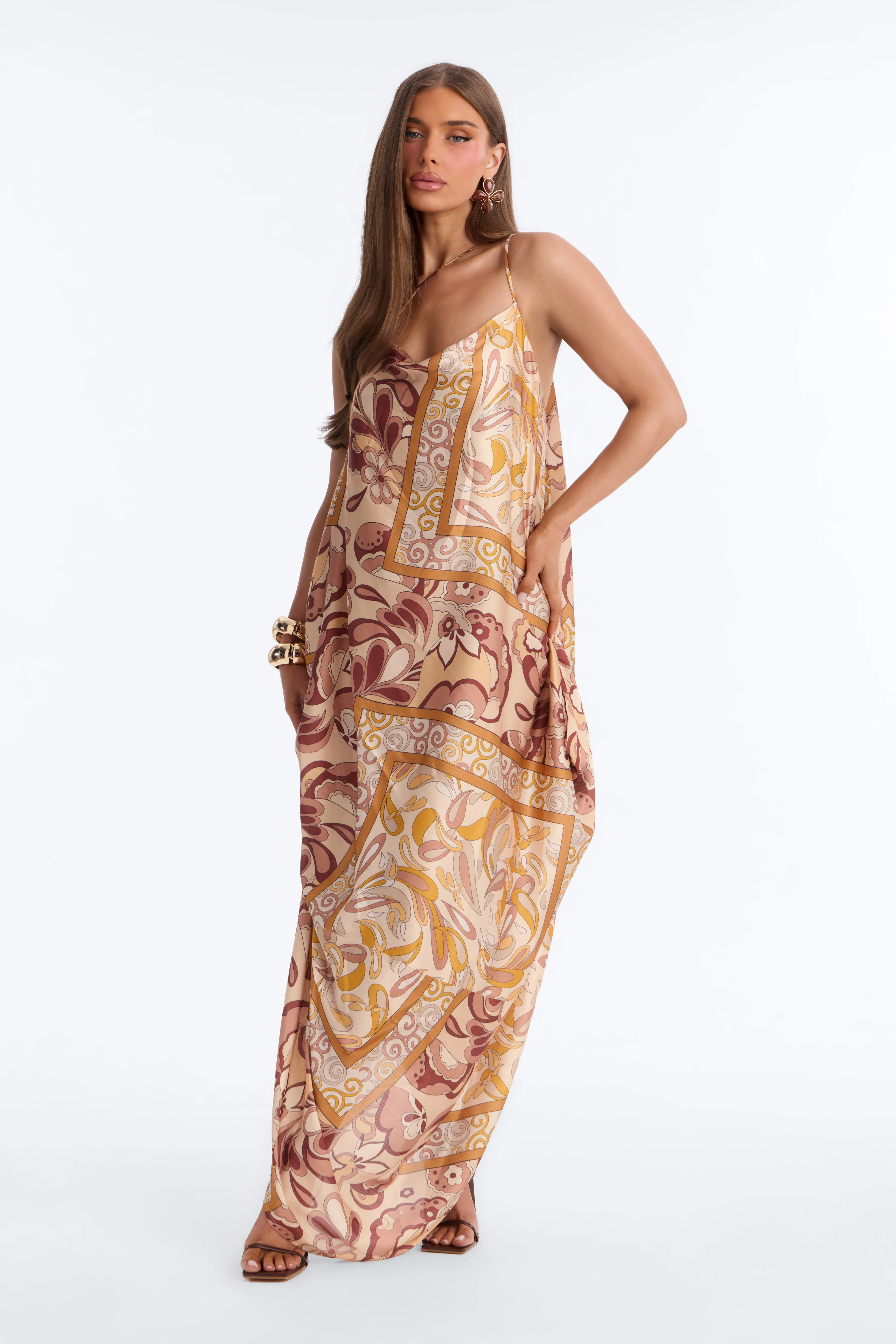 Kaylie Draped Satin Flowy Maxi Dress - Mustard/combo