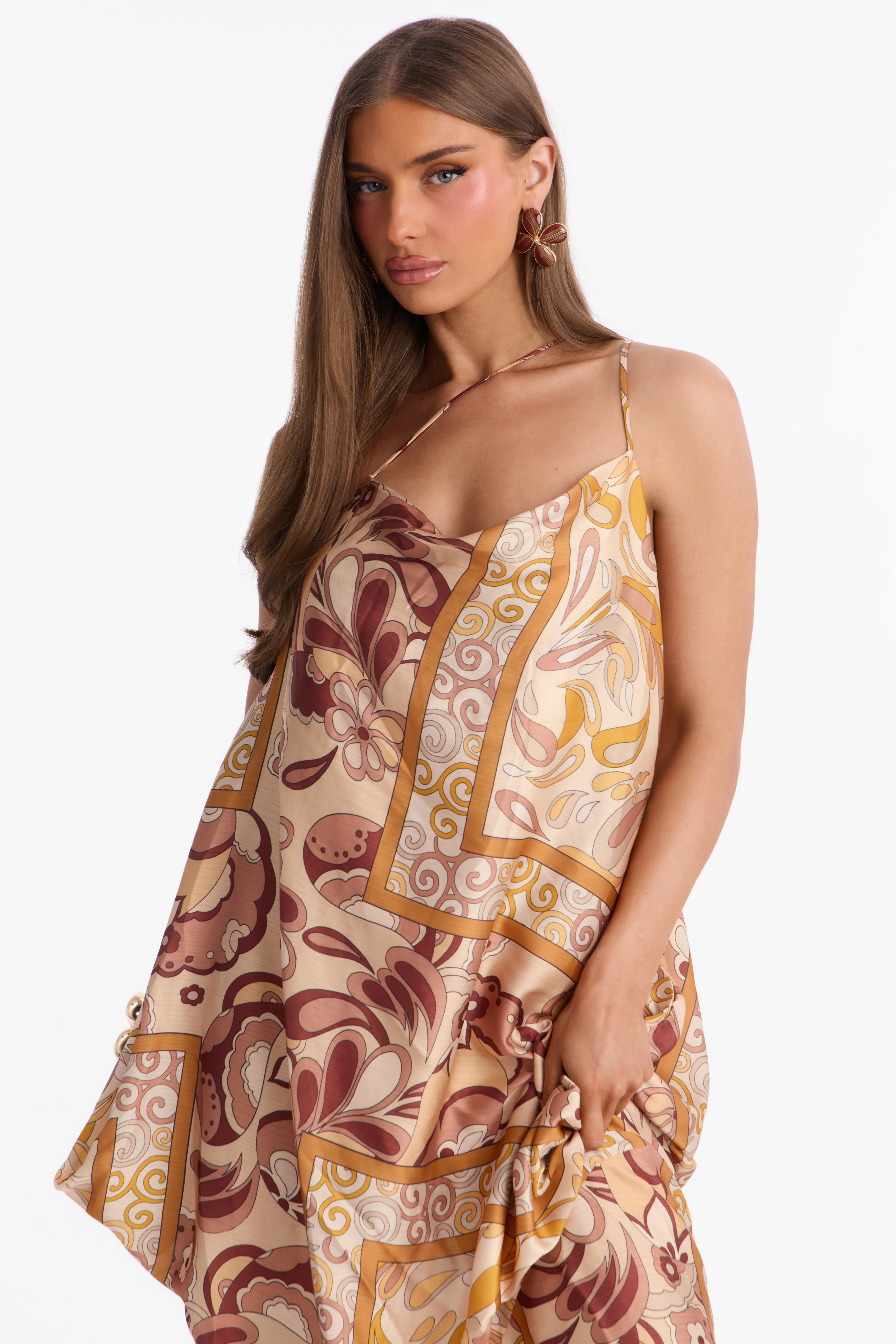 Kaylie Draped Satin Flowy Maxi Dress - Mustard/combo - Image 2