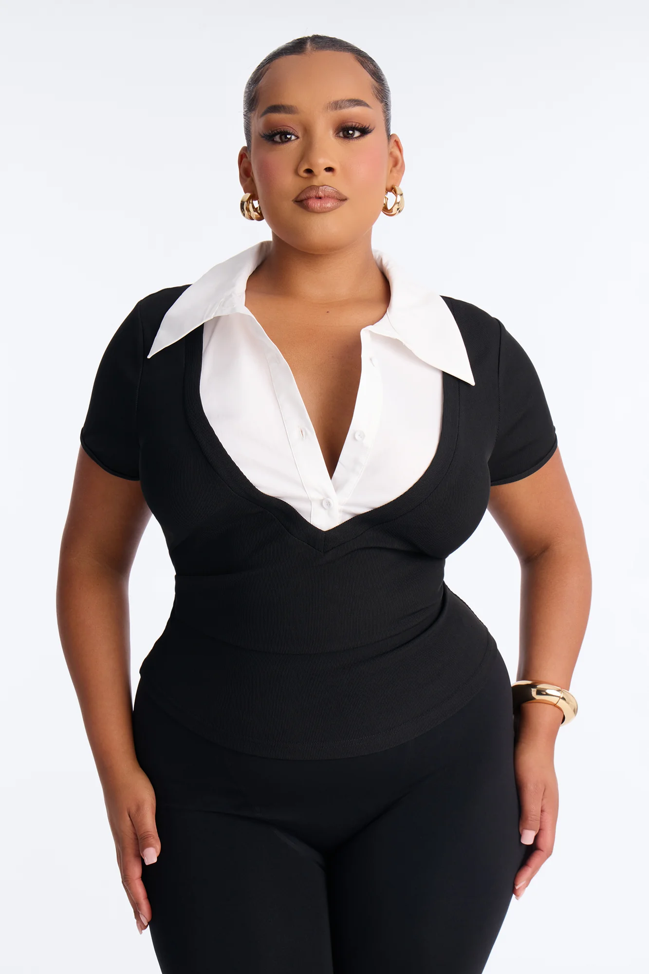 Keep It Professional Ribbed Collared Short Sleeve Top - Black/combo - Image 4