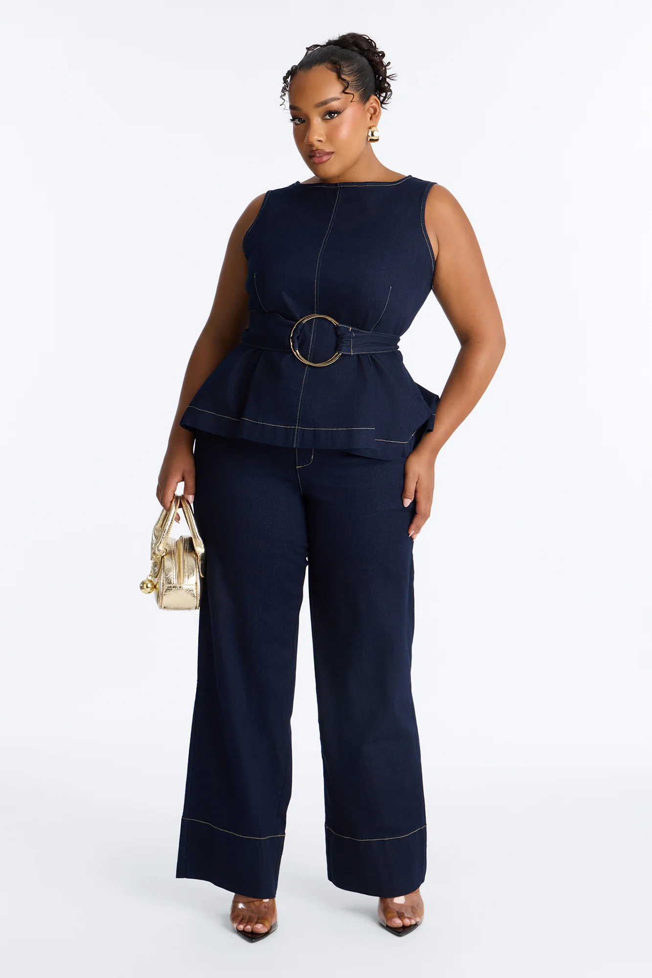 Keli Belted Peplum Denim Pant Set - Dark Denim