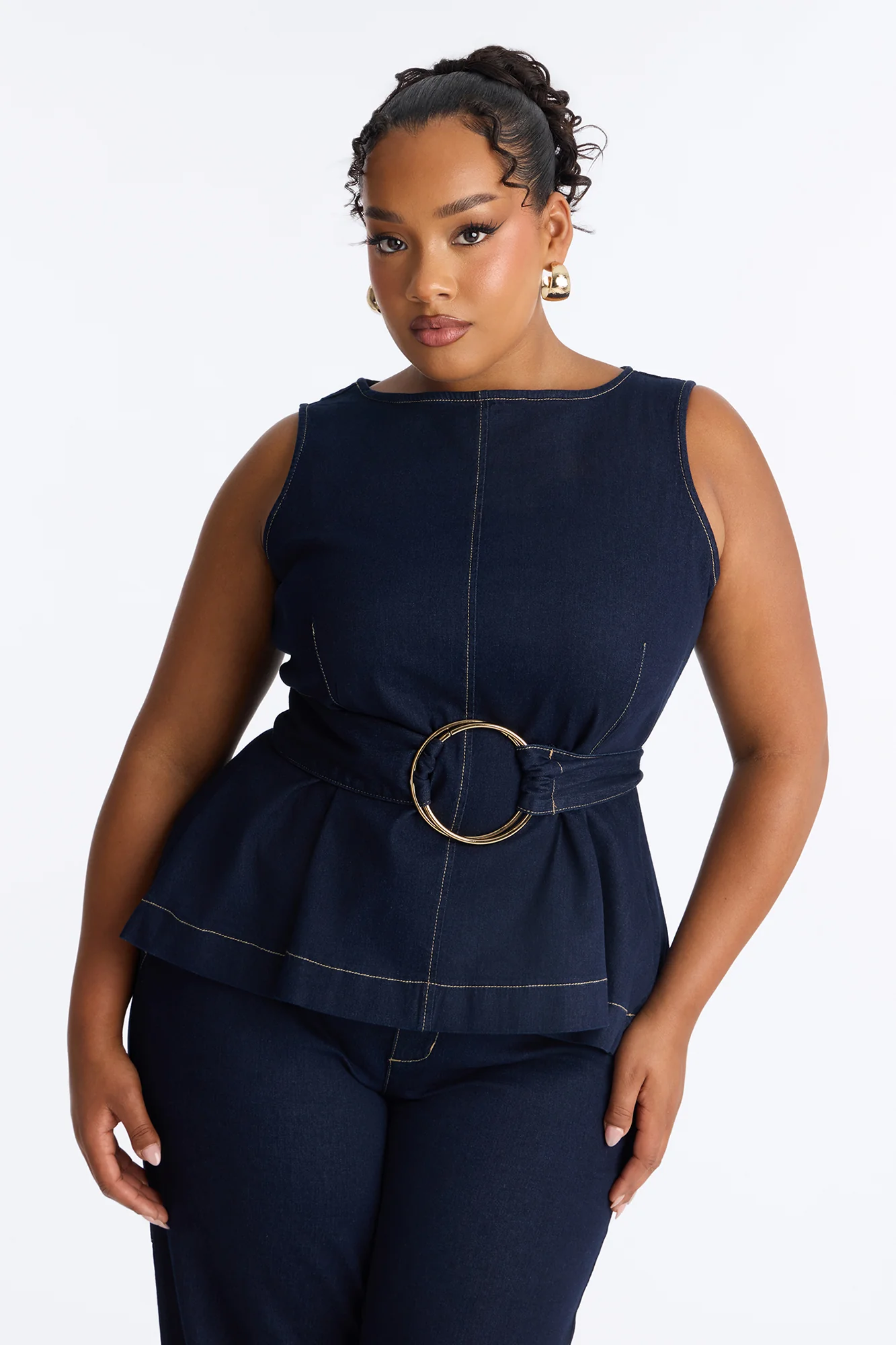 Keli Belted Peplum Denim Pant Set - Dark Denim - Image 2
