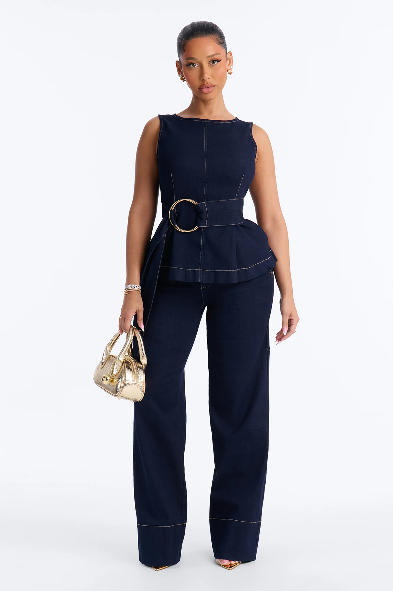 Keli Belted Peplum Denim Pant Set - Dark Denim - Image 6