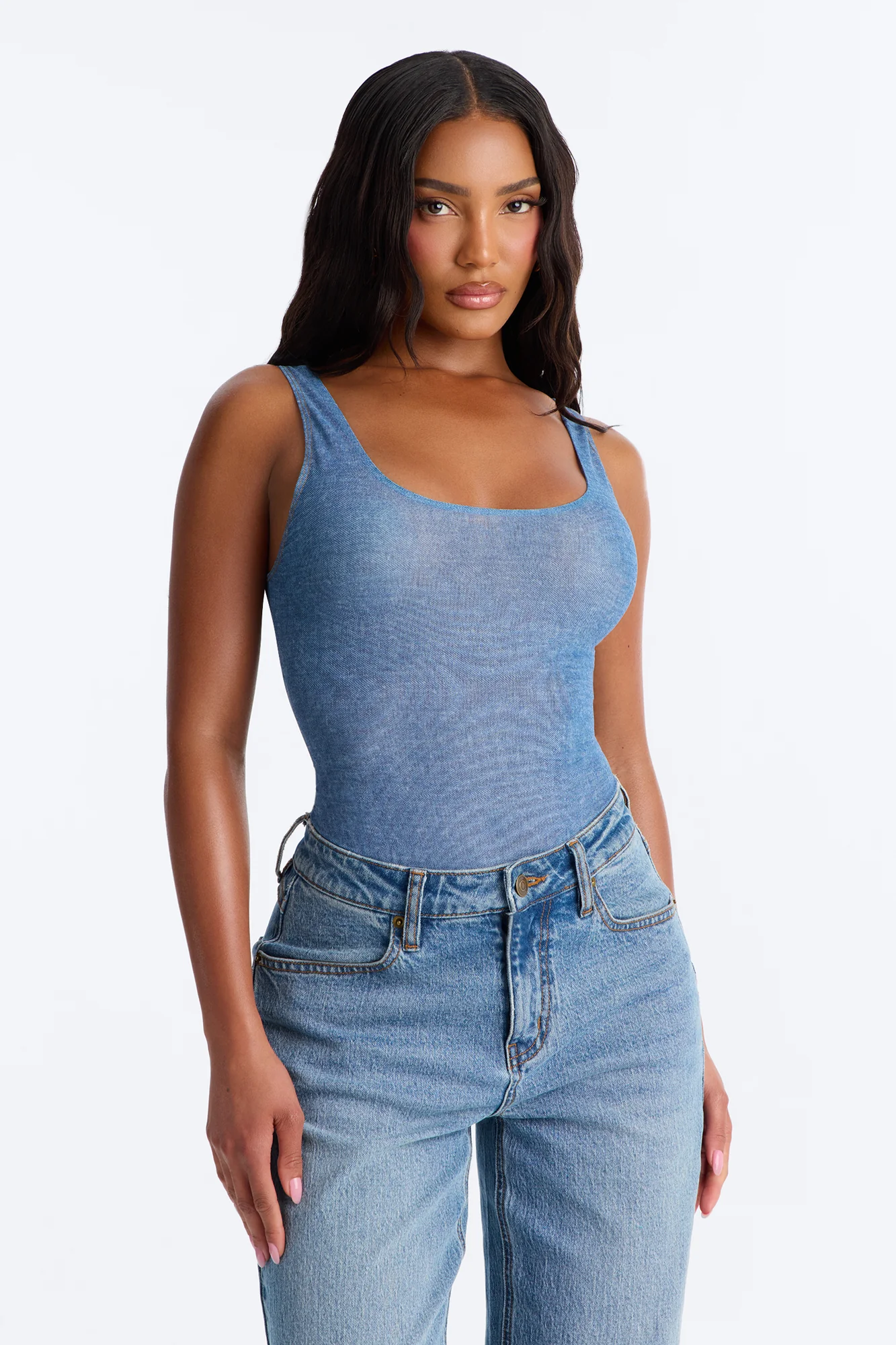 Kendra Sheer Mesh Scoop Neck Tank Top Bodysuit - Blue - Image 3