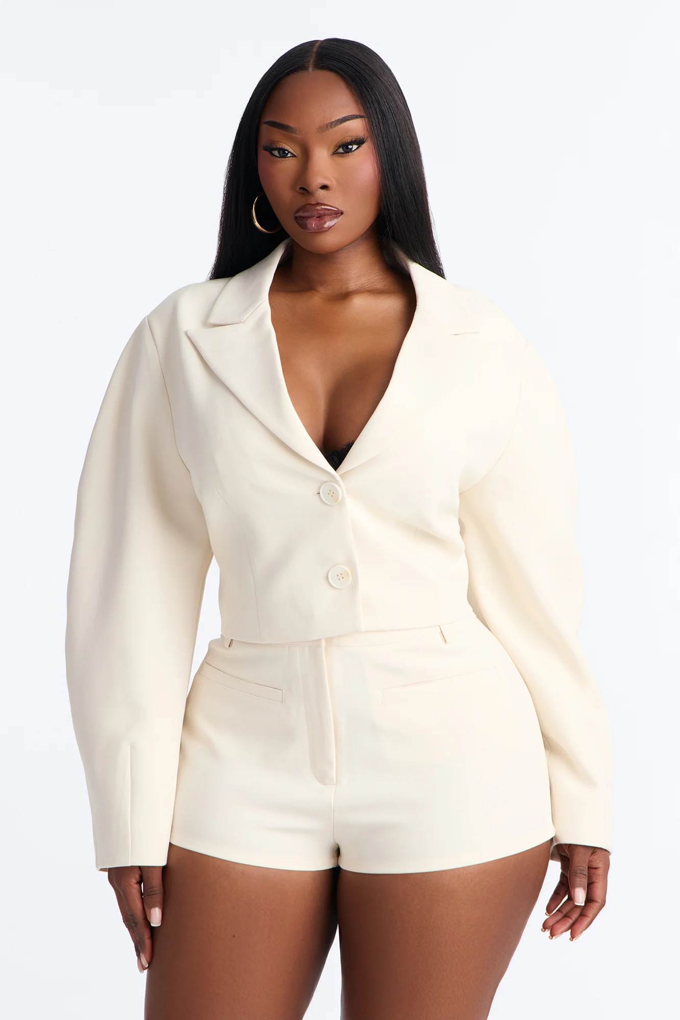 Kennedy Cropped Barrel Sleeve Blazer - Ivory - Image 7
