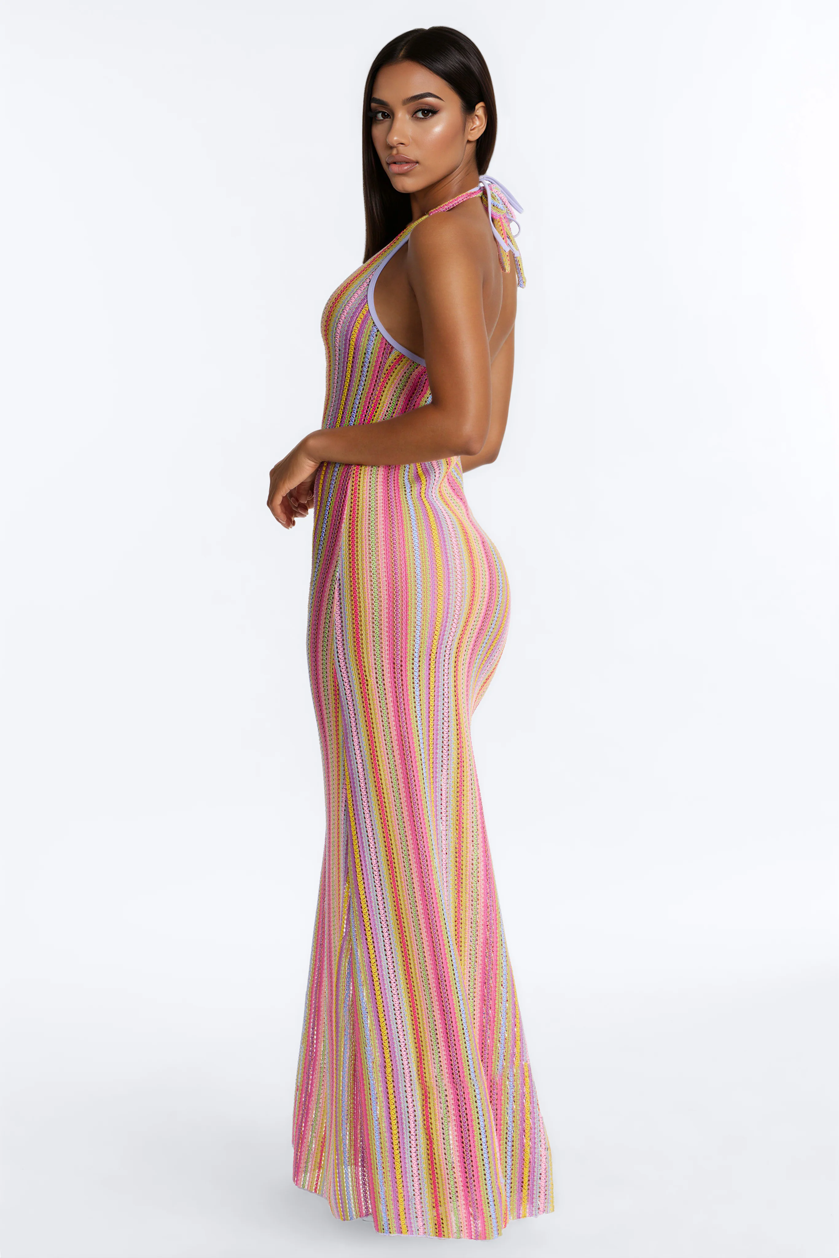 Kensington 3 Piece Striped Triangle Bikini & Cover Up Halter Maxi Dress Sunsuit - Multi Color - Image 4