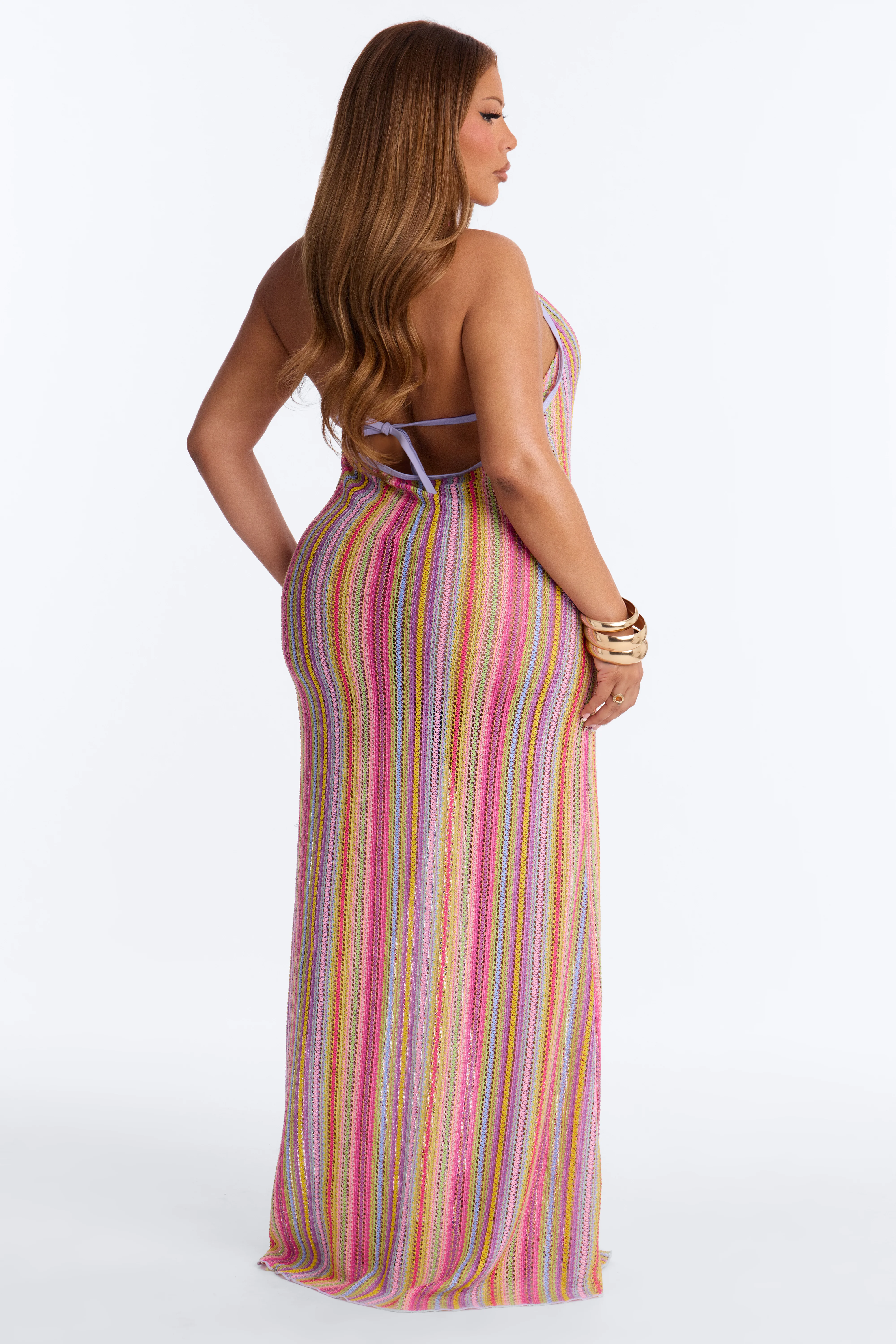 Kensington 3 Piece Striped Triangle Bikini & Cover Up Halter Maxi Dress Sunsuit - Multi Color - Image 9