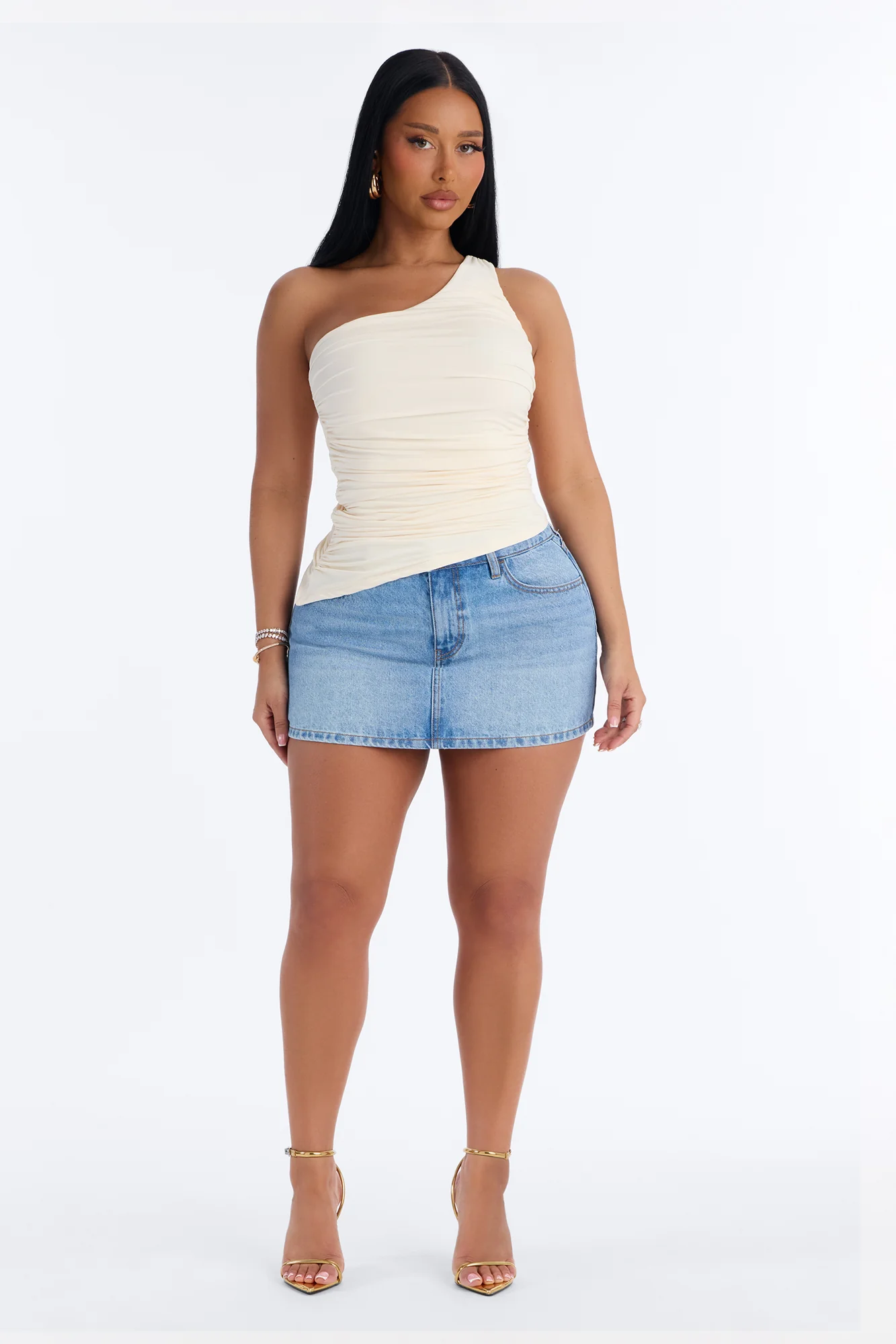 Khelani Asymmetrical Ruched One Shoulder Top - Bone - Image 2