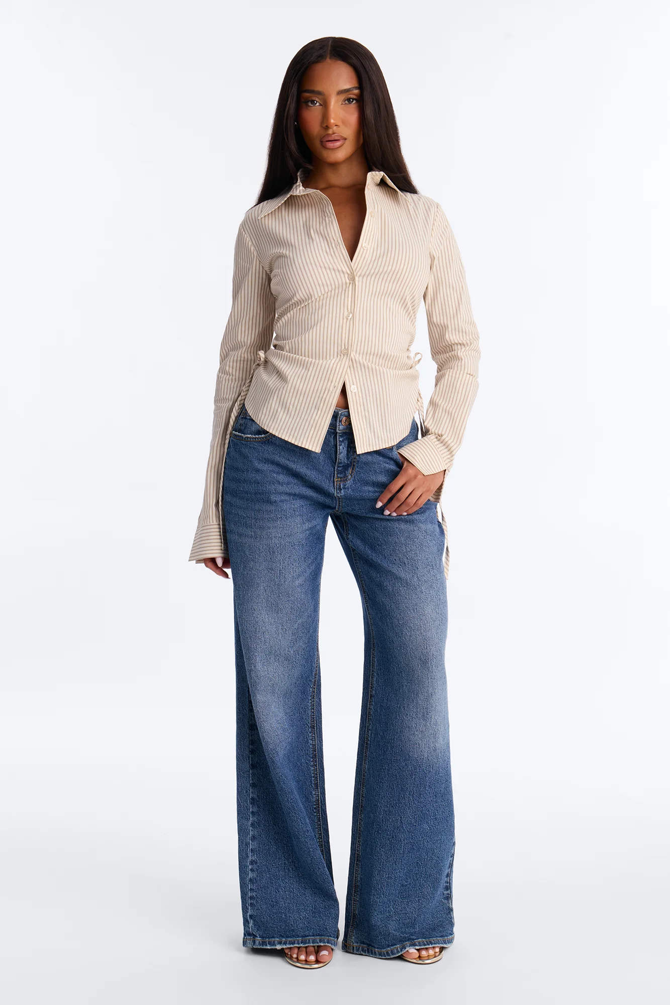 Khrissy Ruched Pinstripe Poplin Shirt - Taupe/combo - Image 2