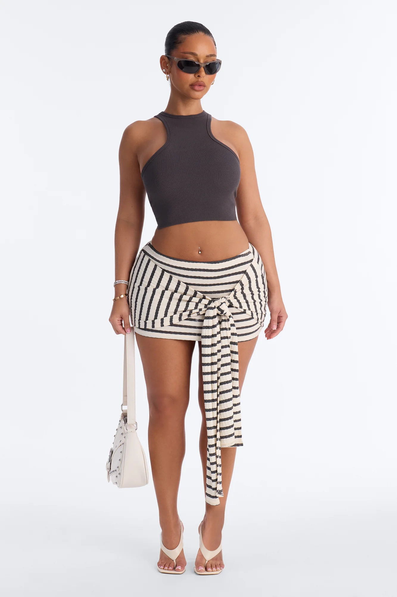 Kirin Striped Tie Waist Micro Mini Skirt - Grey/combo