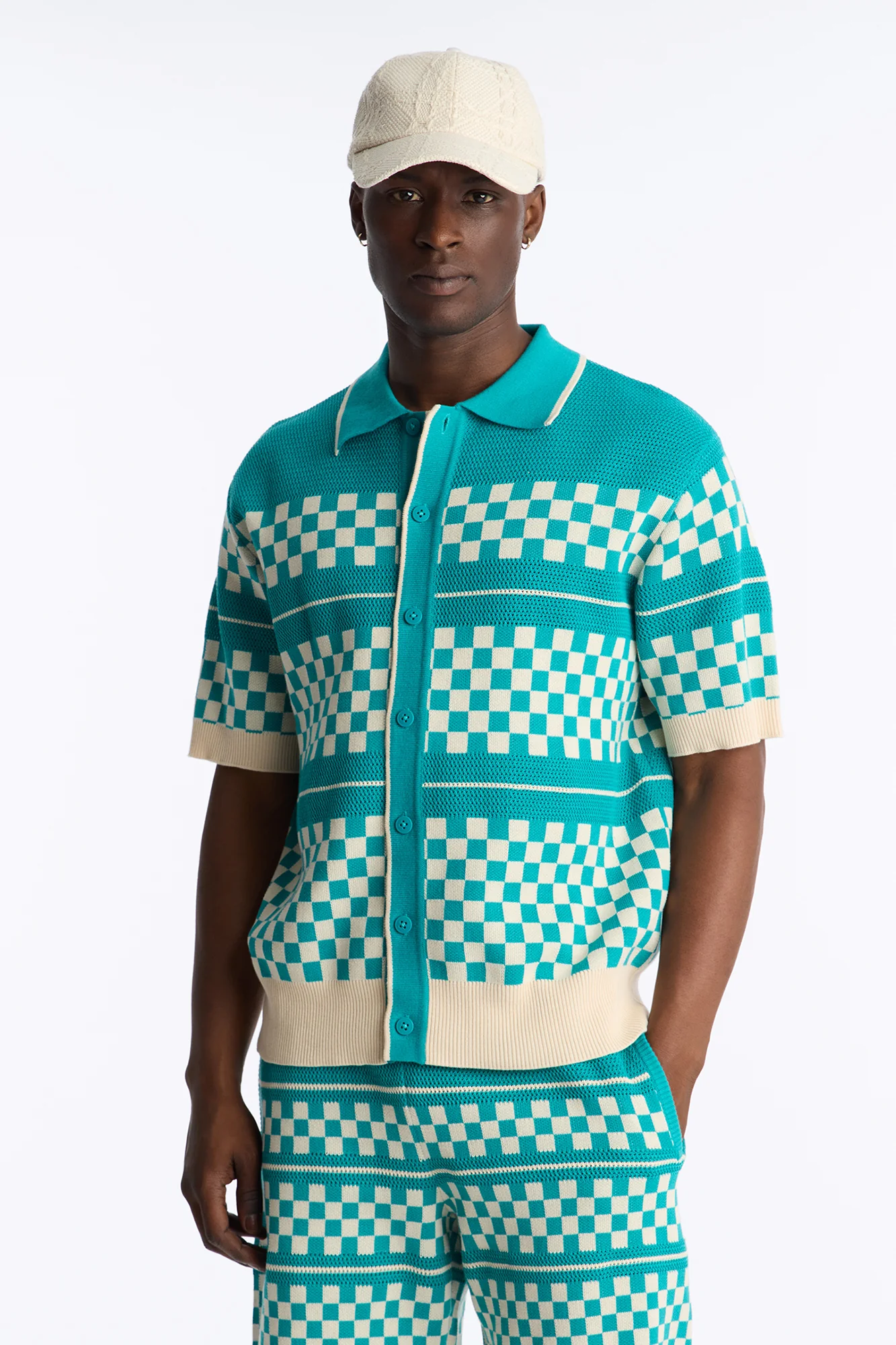 Knitted Pawn Checker Button Up Shirt - Teal/combo