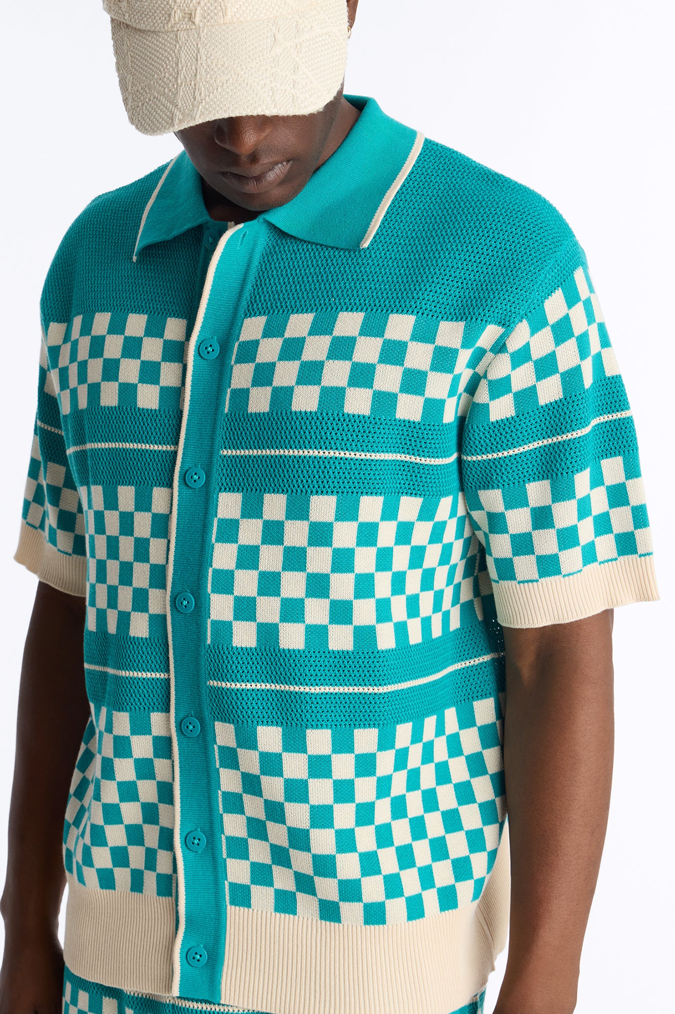 Knitted Pawn Checker Button Up Shirt - Teal/combo - Image 3
