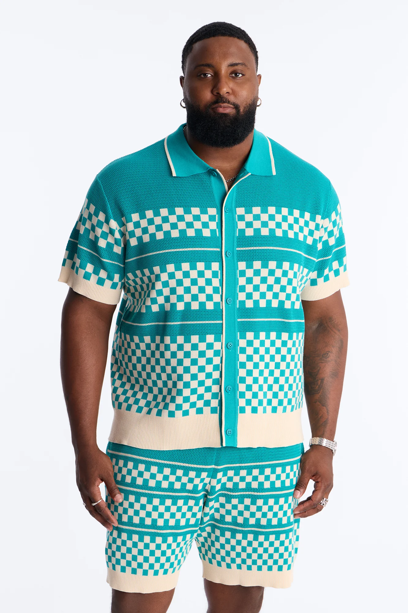 Knitted Pawn Checker Button Up Shirt - Teal/combo - Image 5