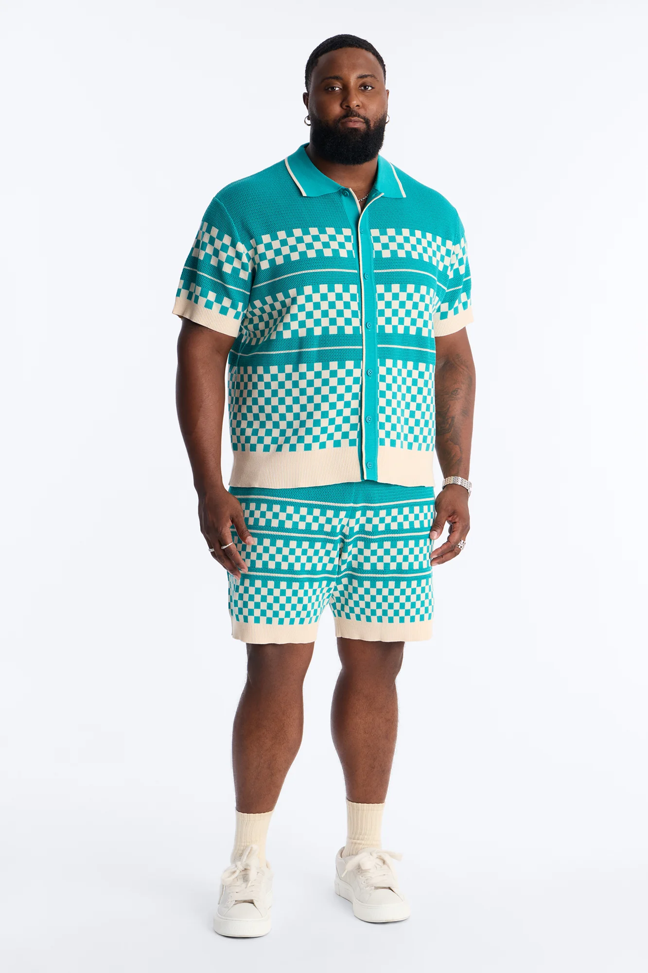 Knitted Pawn Checker Button Up Shirt - Teal/combo - Image 6