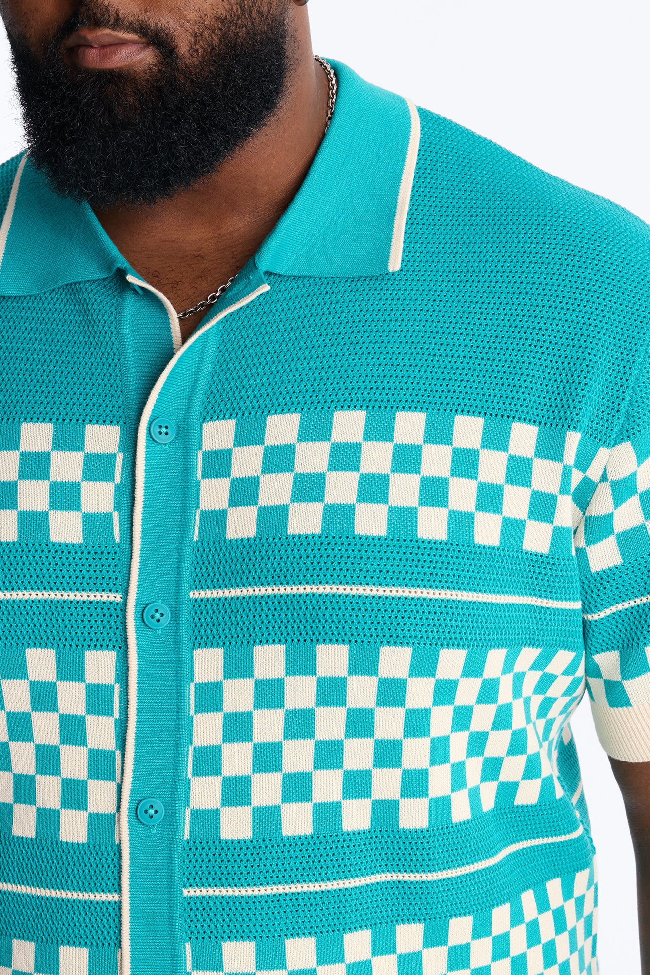 Knitted Pawn Checker Button Up Shirt - Teal/combo - Image 7