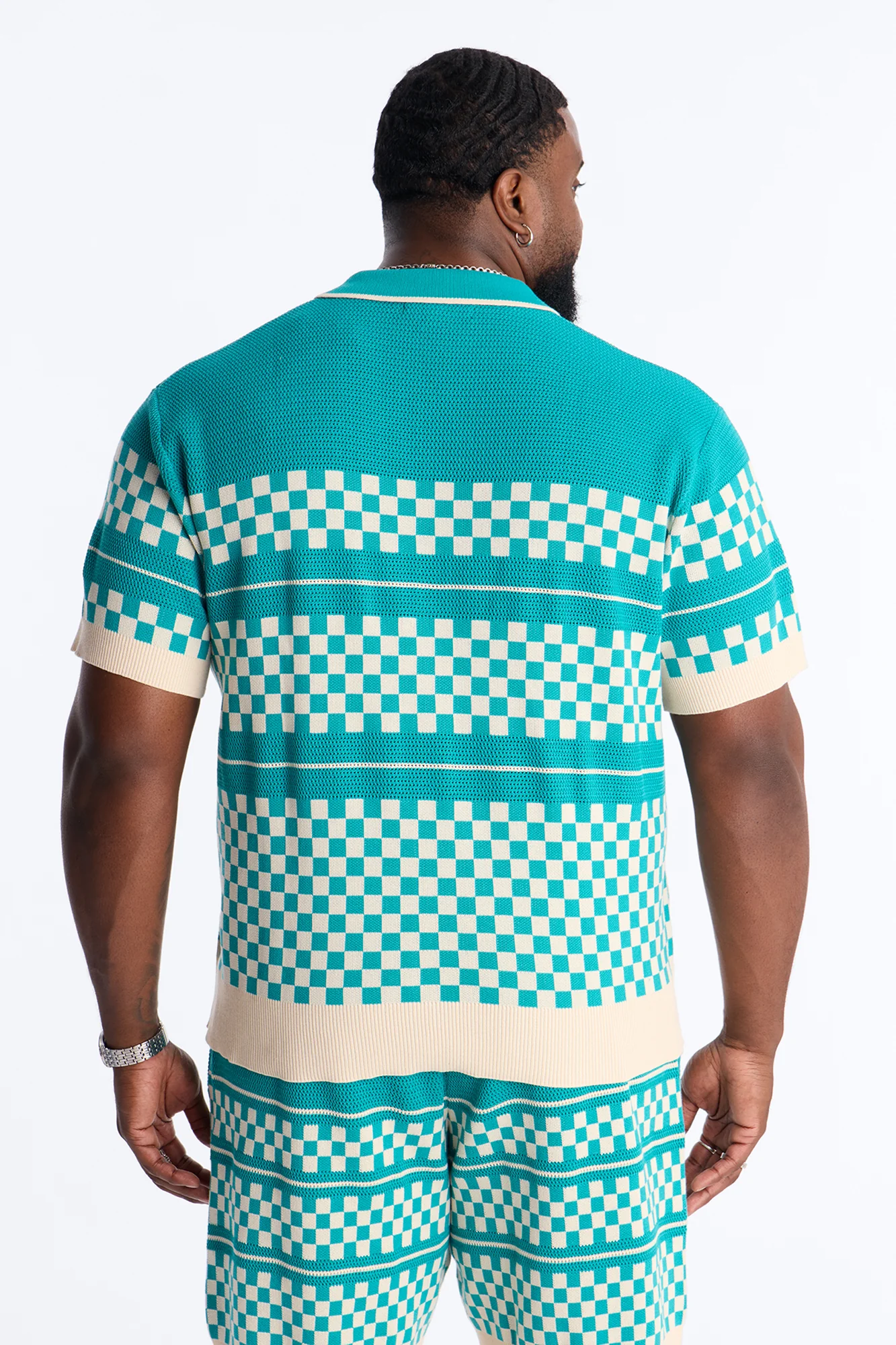 Knitted Pawn Checker Button Up Shirt - Teal/combo - Image 8
