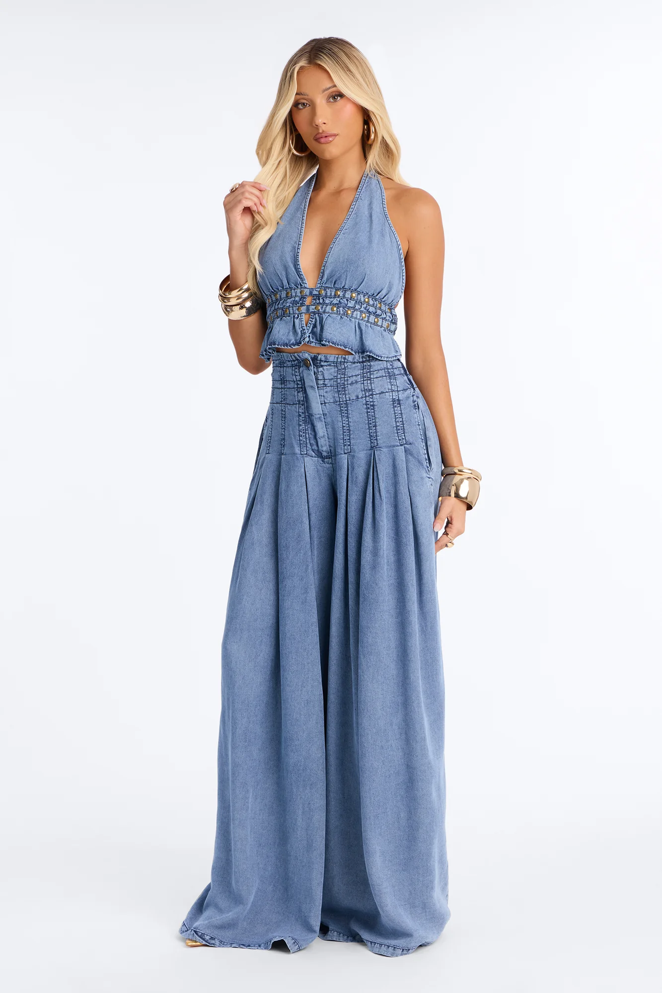 Kona Washed Chambray Halter Pant Set - Medium