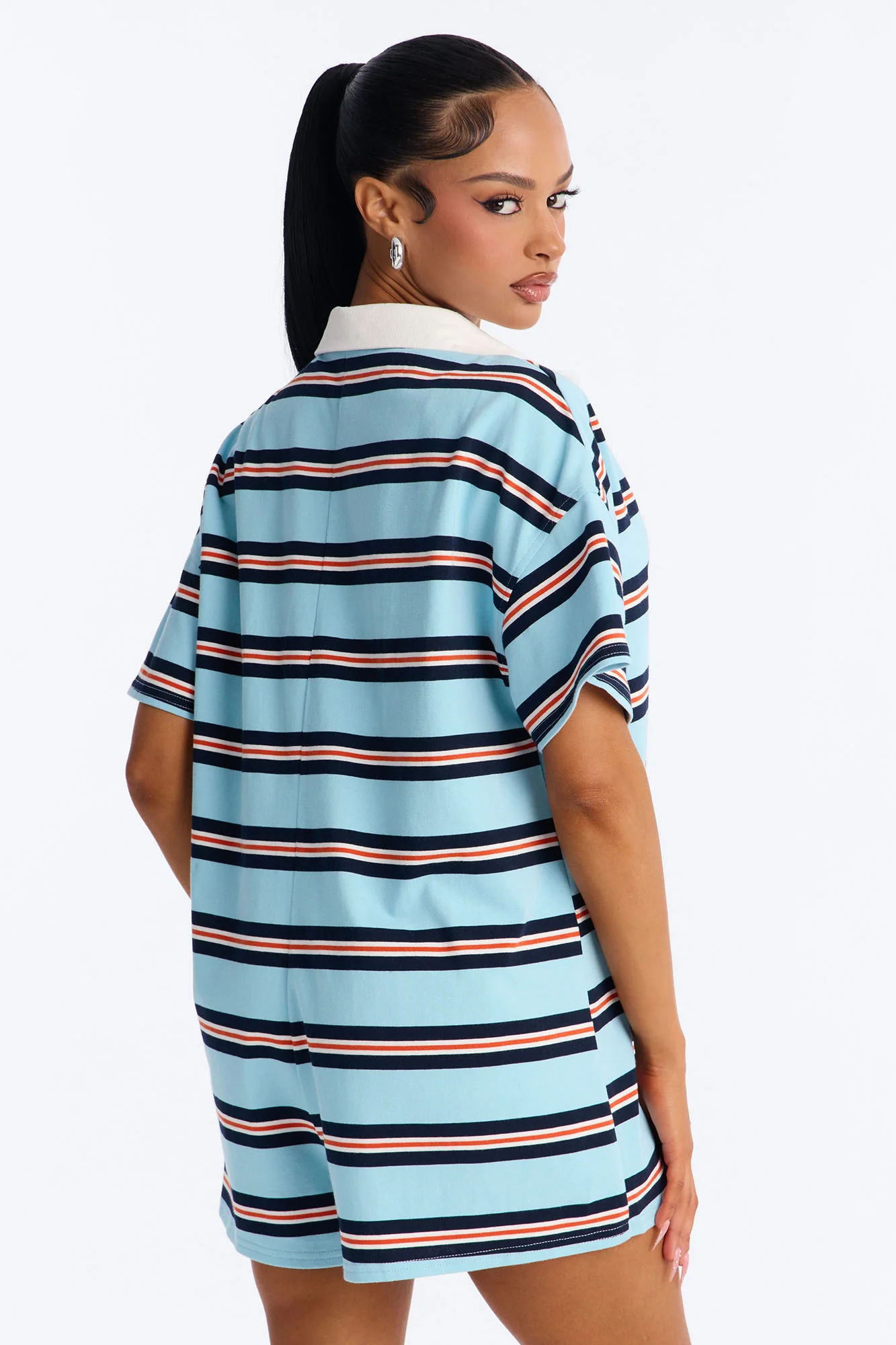 Kyla Short Sleeve Striped Polo Romper - Blue - Image 4