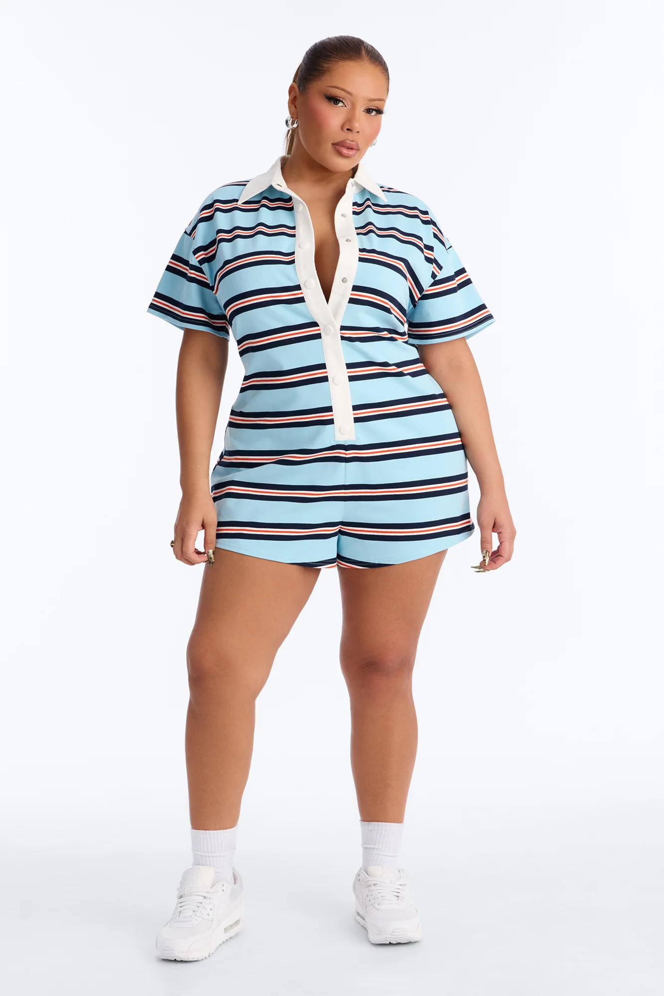 Kyla Short Sleeve Striped Polo Romper - Blue - Image 5