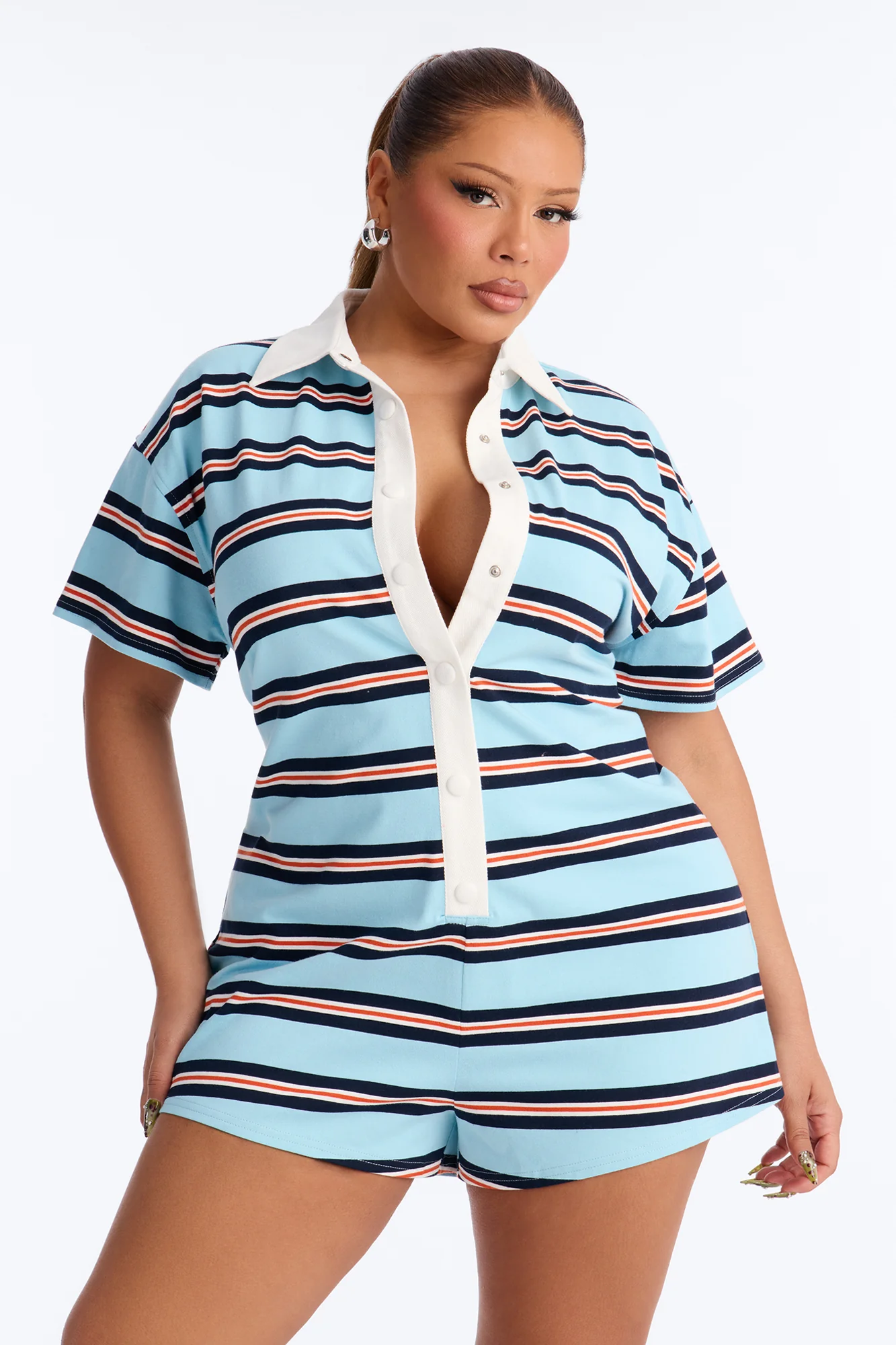 Kyla Short Sleeve Striped Polo Romper - Blue - Image 6