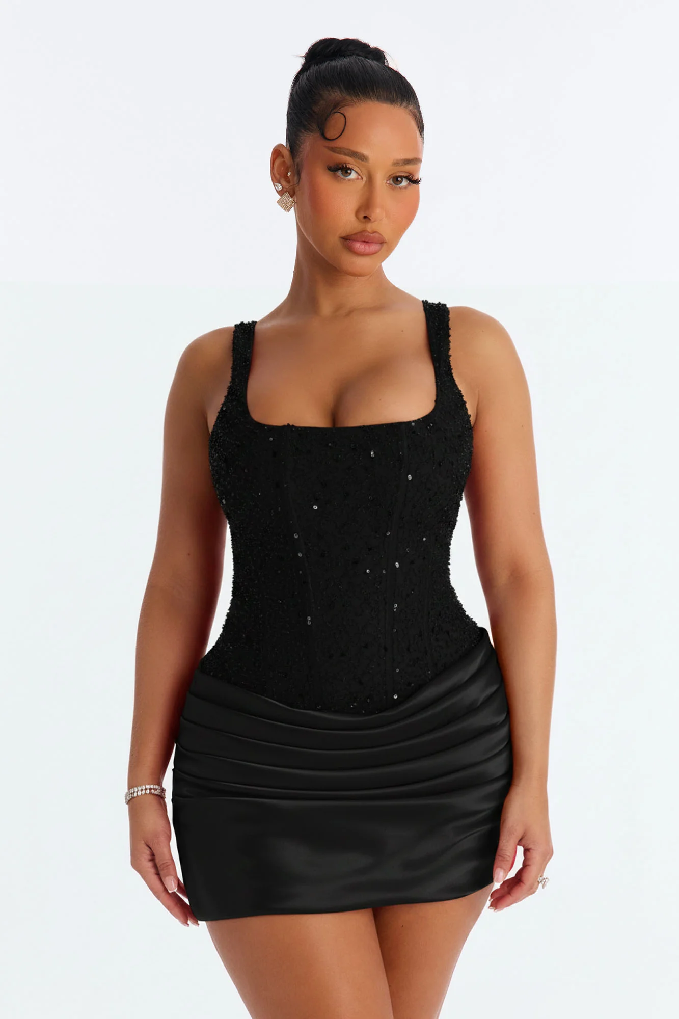 Kylee Embellished Draped Mini Dress - Black