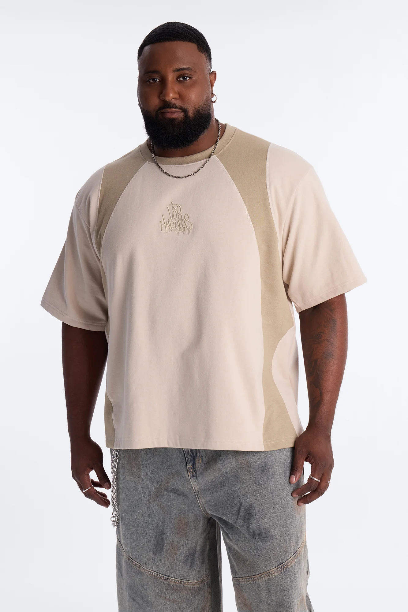 LA Embroidery Paneled Fleece Tee - Tan - Image 5