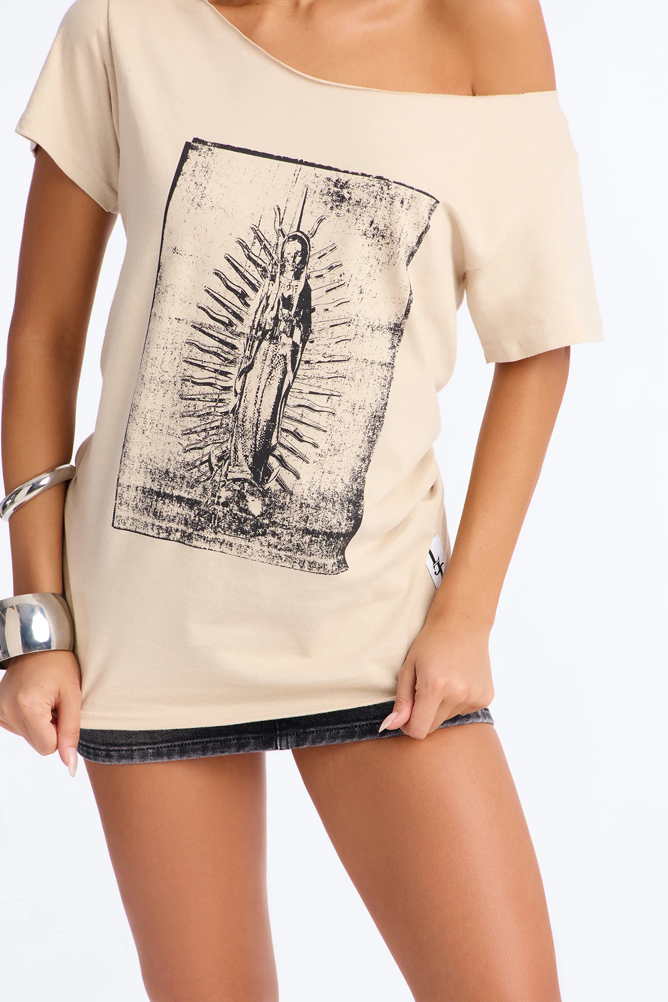 La Familia Forever Virgin Mary Off Shoulder Top - Sand - Image 3