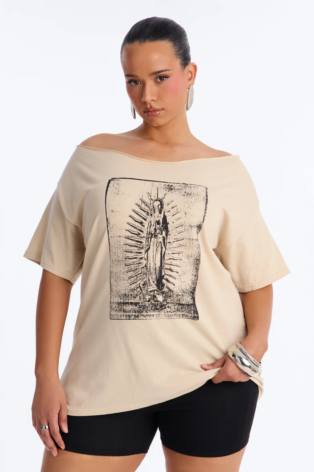 La Familia Forever Virgin Mary Off Shoulder Top - Sand - Image 7