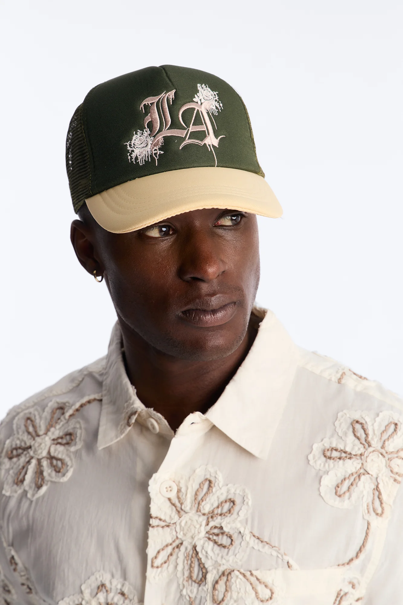LA Flower Embroidery Trucker Snapback Hat - Green - Image 2