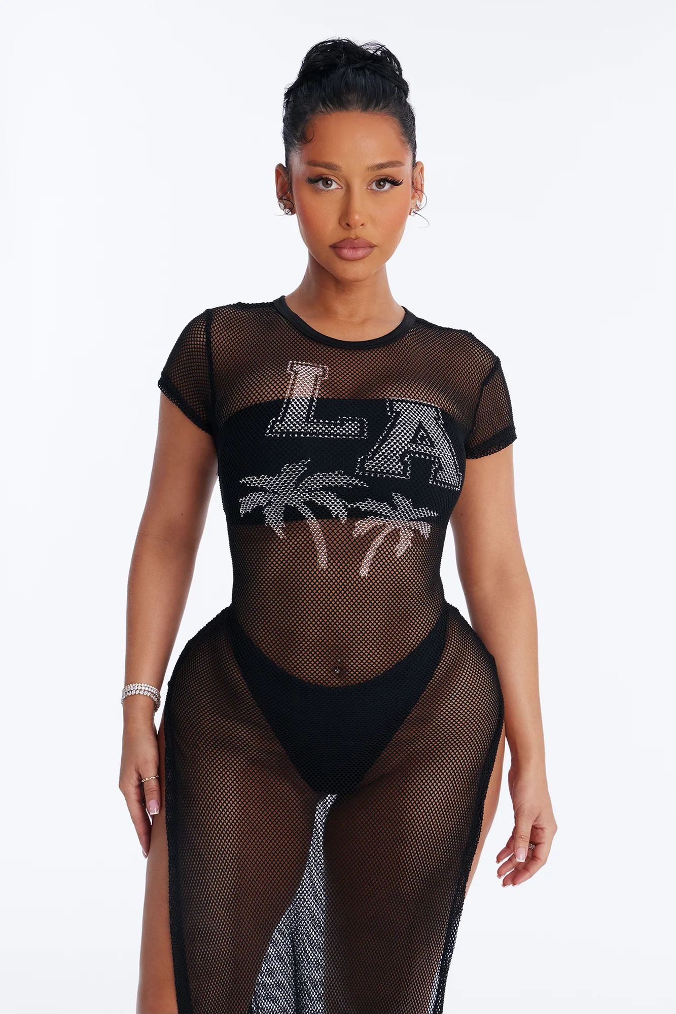 LA Nights Fishnet Cover Up Dress - Black - Image 2