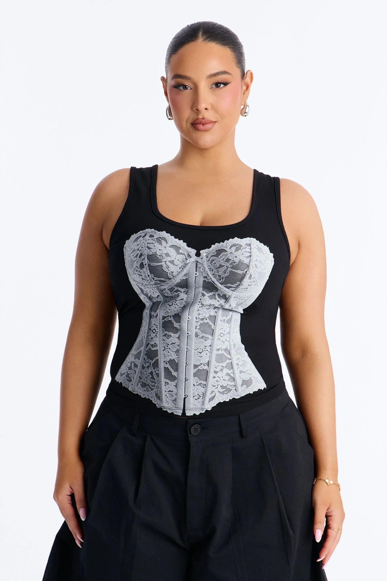 Lace Corset Graphic Tank - Black - Image 4
