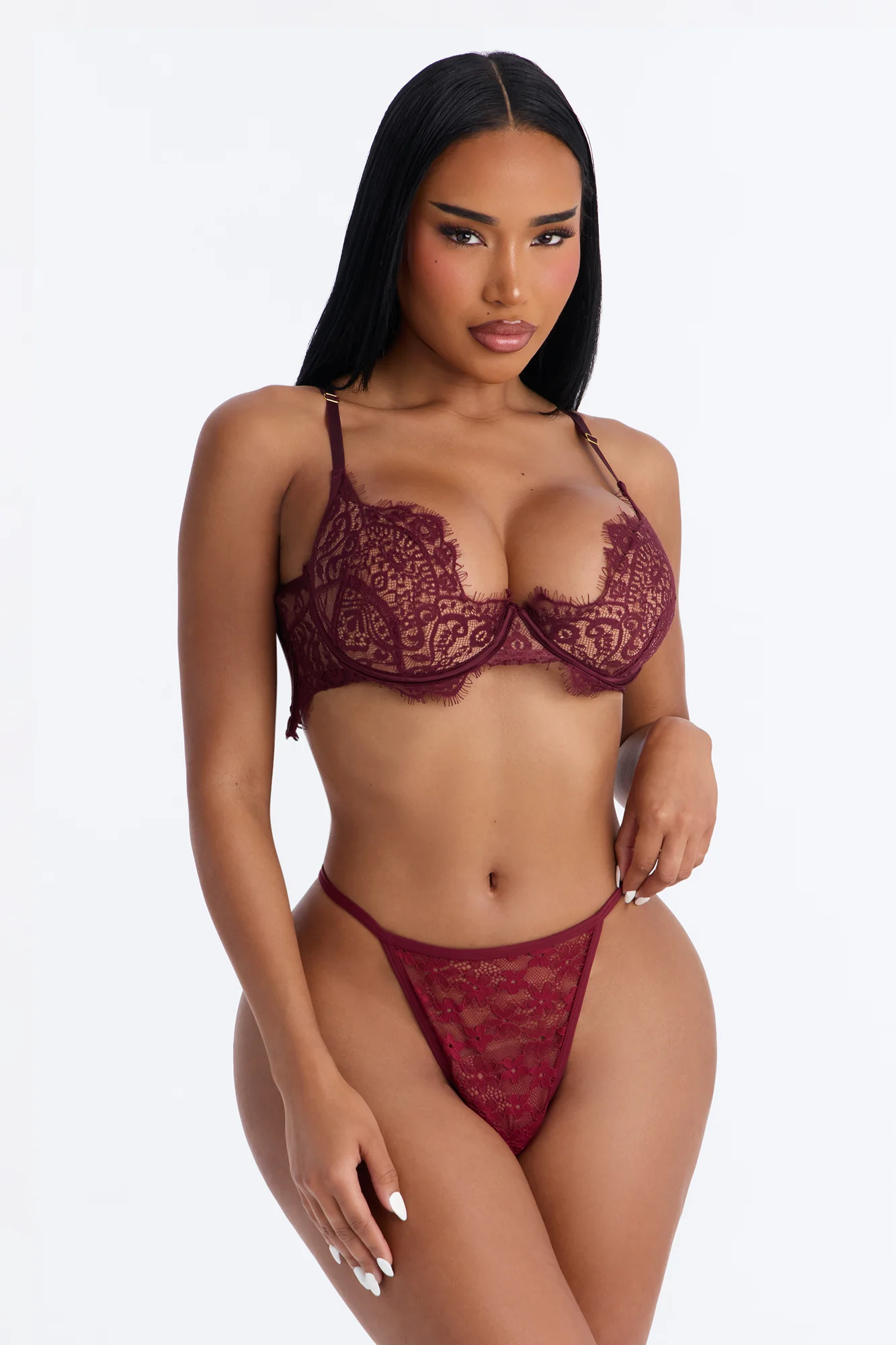Lace Overlay Comfort G-String - Wine - Image 2