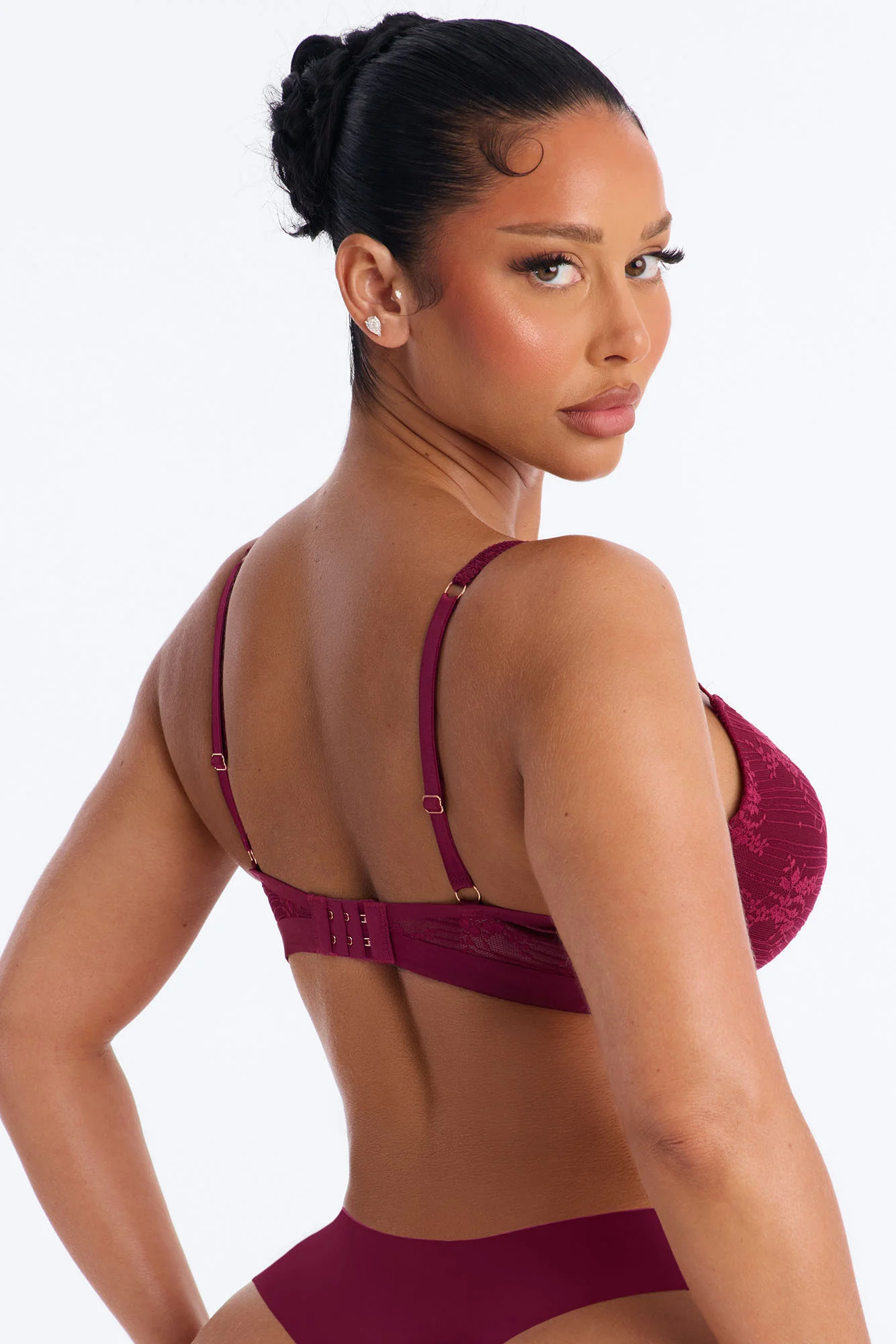 Lace Overlay Lightly Padded Bra - Wine - Image 3