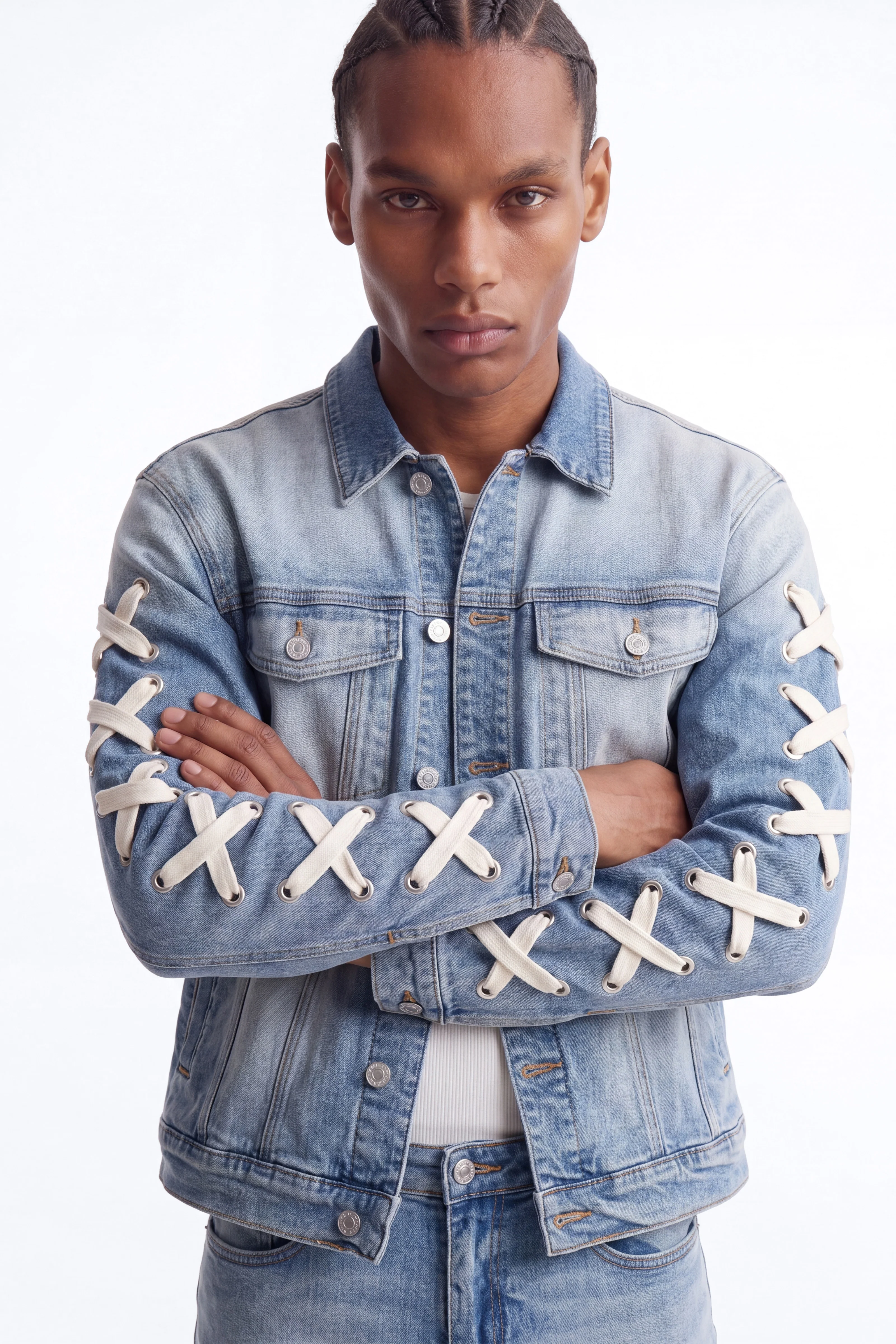 Lace Up Denim Trucker Jacket - Light Blue Wash - Image 3