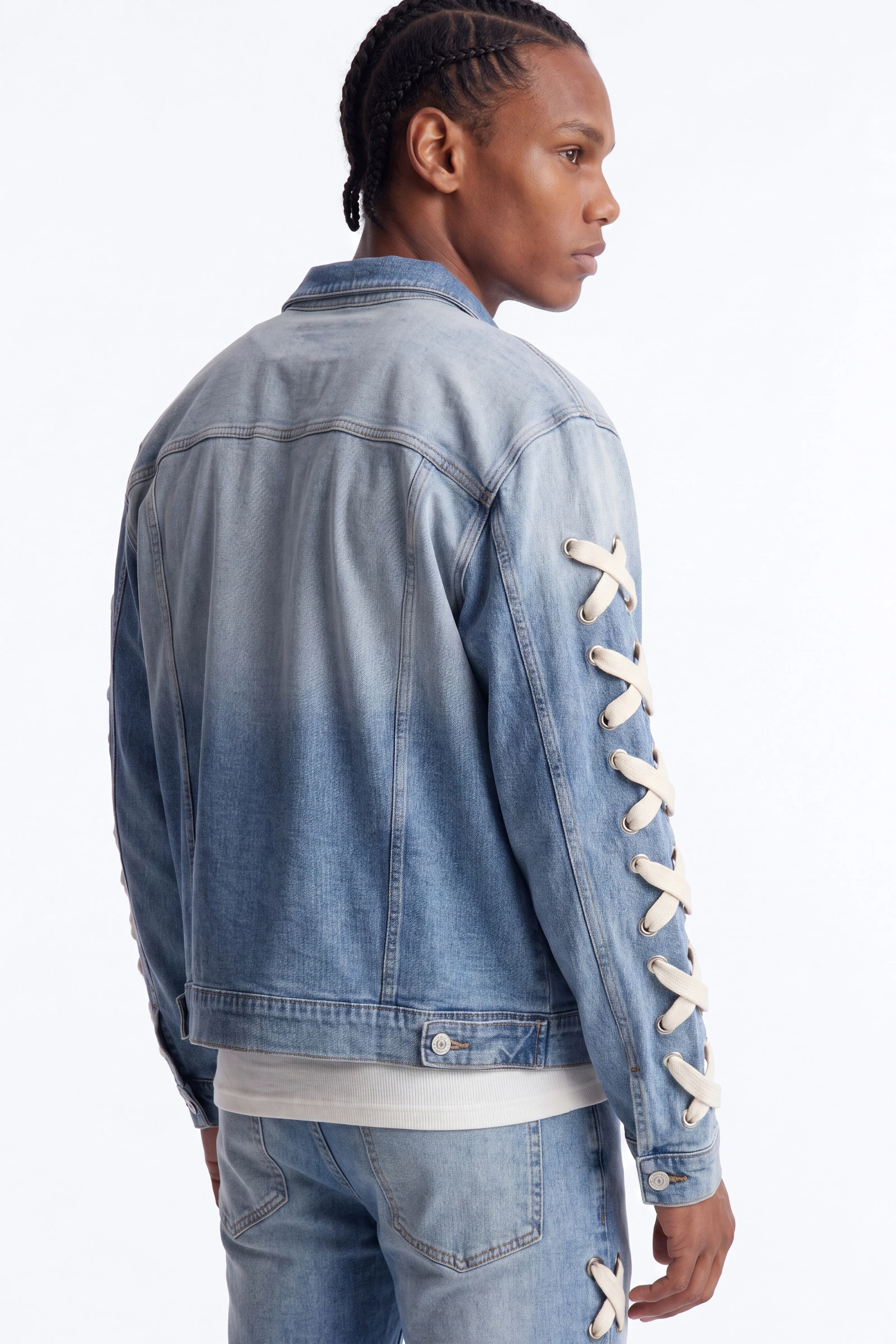 Lace Up Denim Trucker Jacket - Light Blue Wash - Image 4