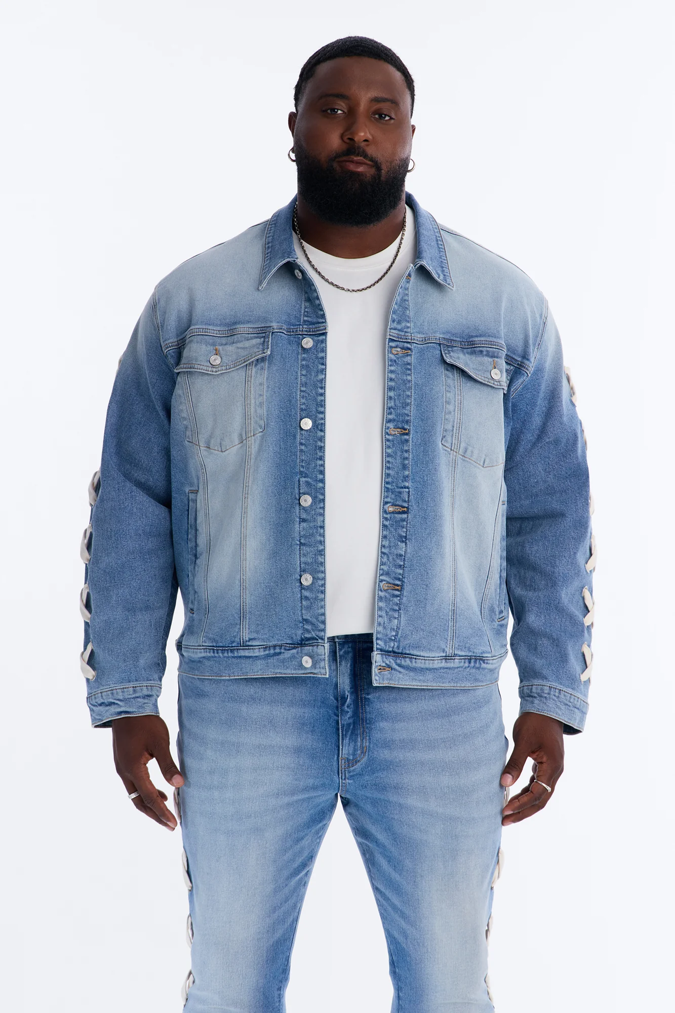 Lace Up Denim Trucker Jacket - Light Blue Wash - Image 5