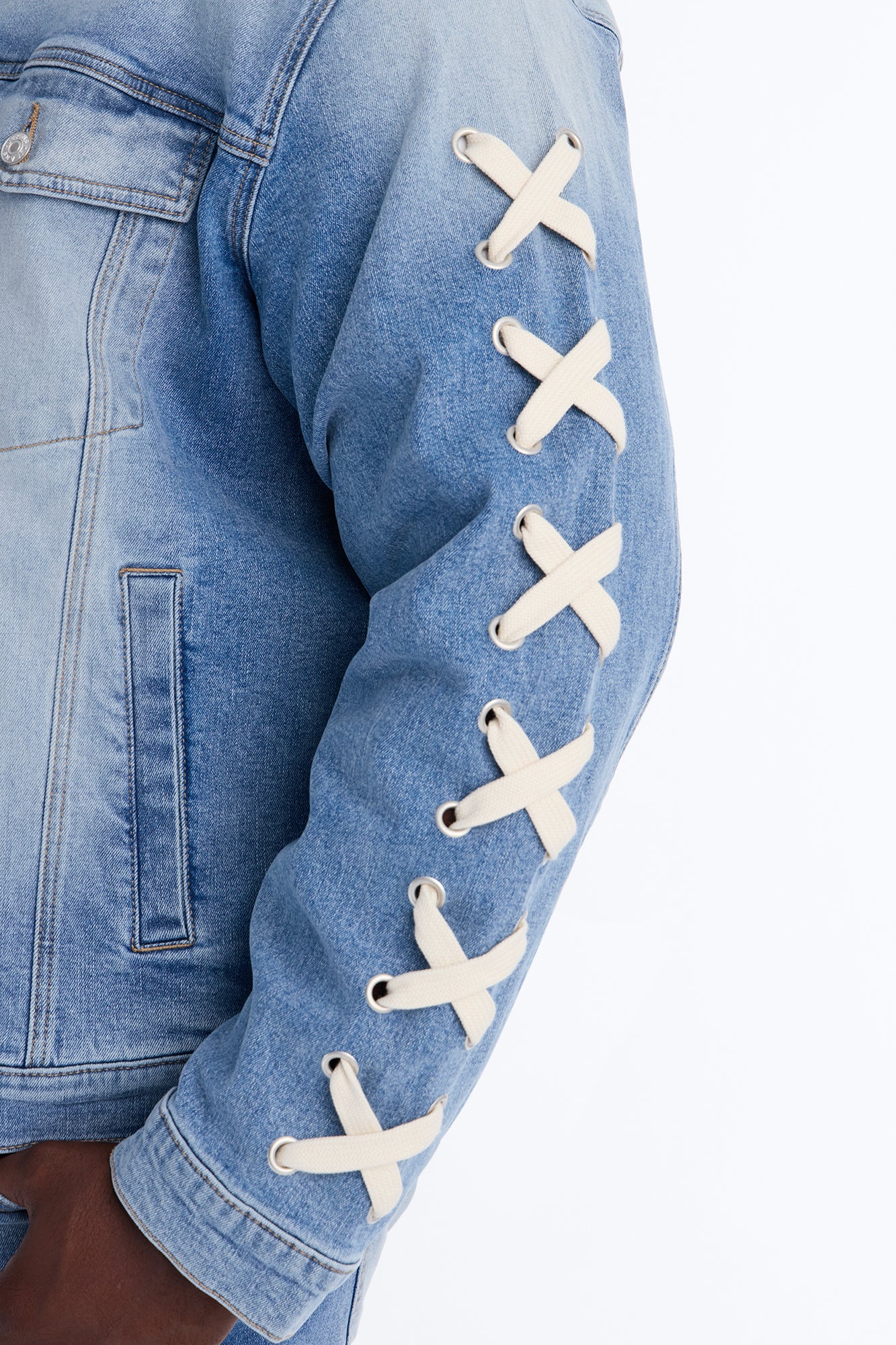 Lace Up Denim Trucker Jacket - Light Blue Wash - Image 7