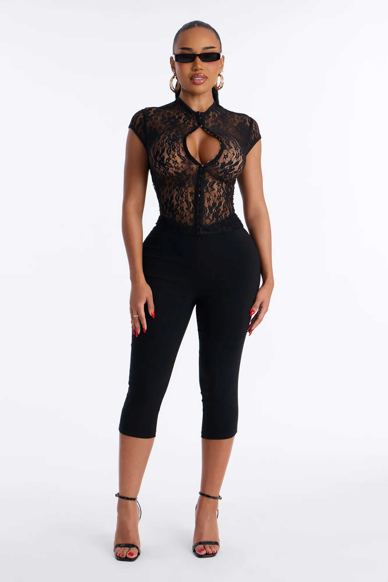 Lani Lace Mock Neck Cap Sleeve Top - Black - Image 2