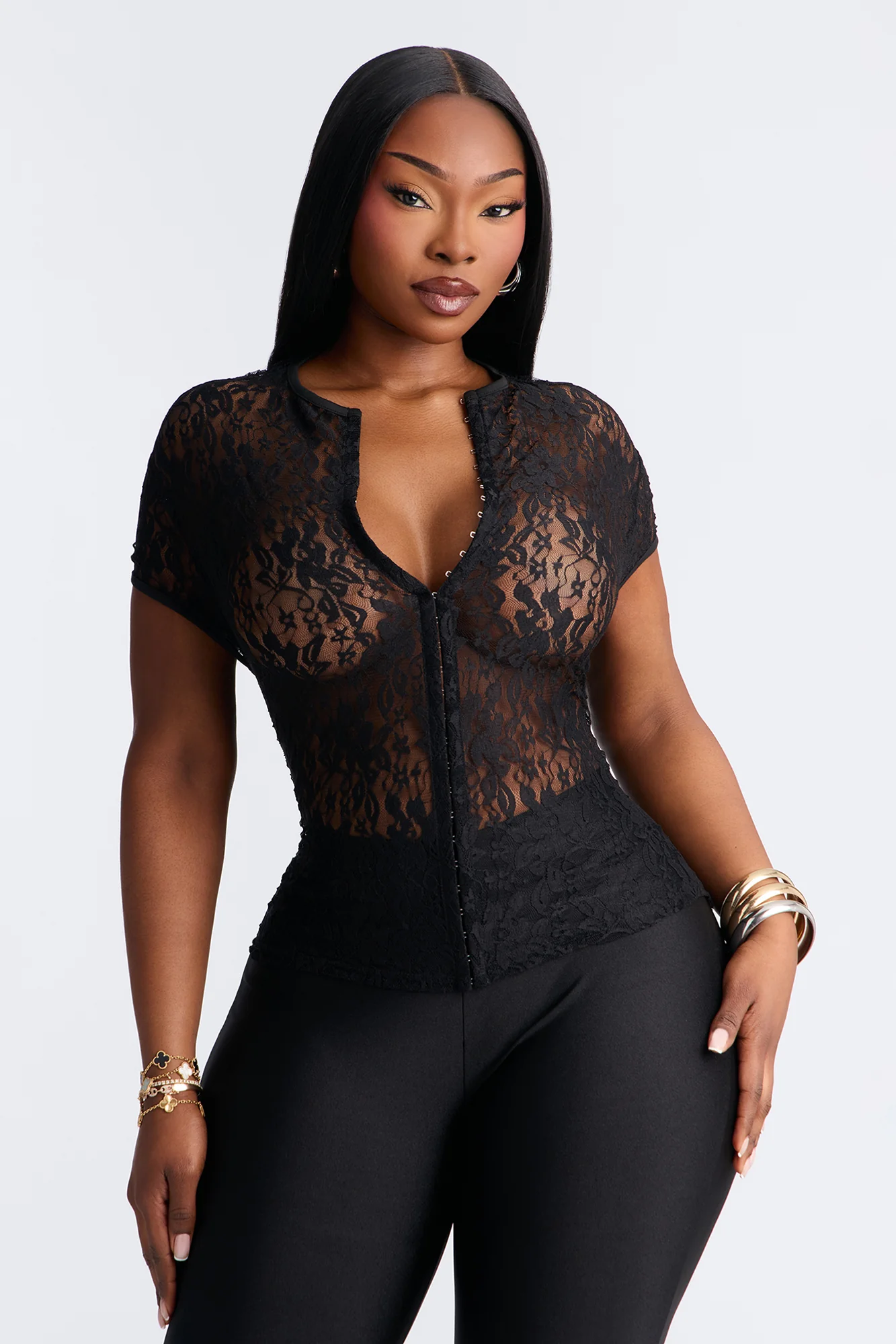 Lani Lace Mock Neck Cap Sleeve Top - Black - Image 6