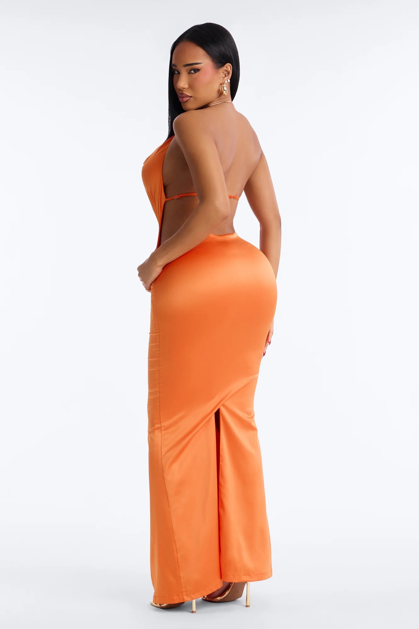 Larissa Halter Backless Satin Gown - Orange - Image 4