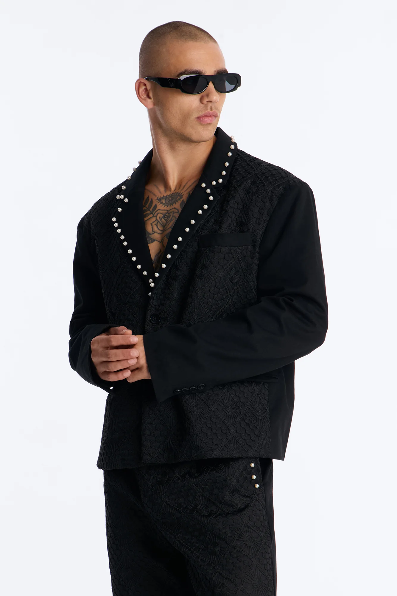 Lattice Boxy Cropped Pearl Single Breasted Blazer - Black