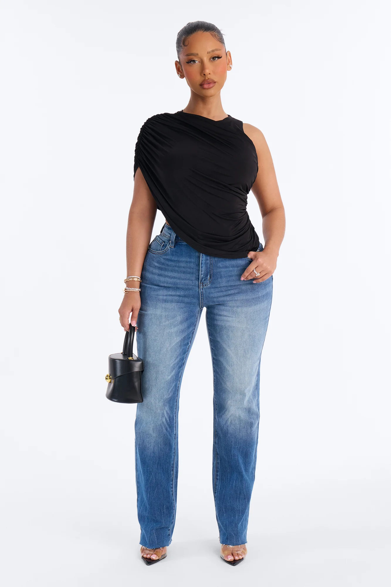 Laura Ruched Asymmetrical Short Sleeve Top - Black - Image 2